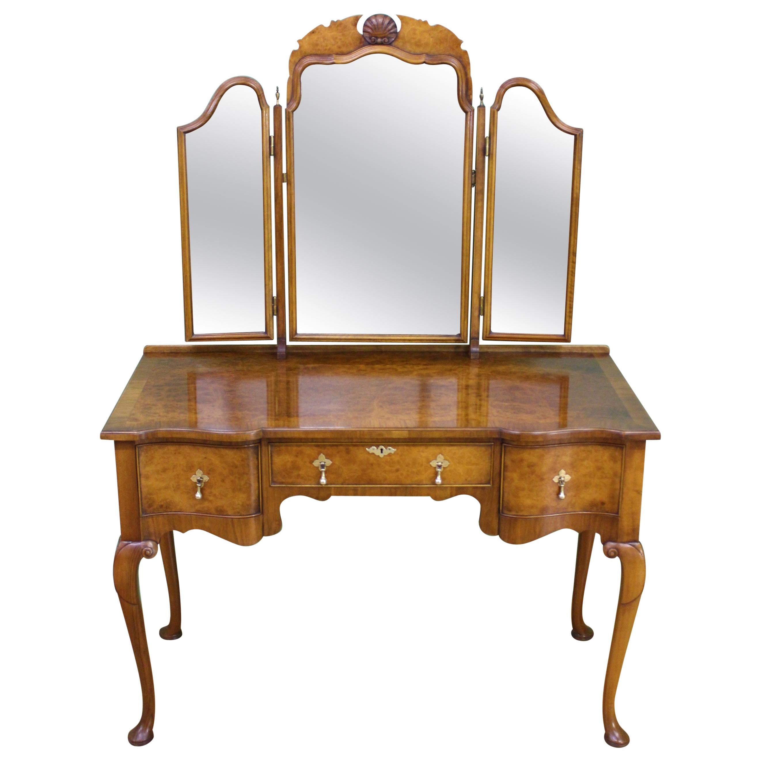 English Queen Anne Style Burr Walnut Dressing Table