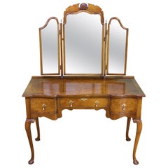 Antique English Queen Anne Style Burr Walnut Dressing Table