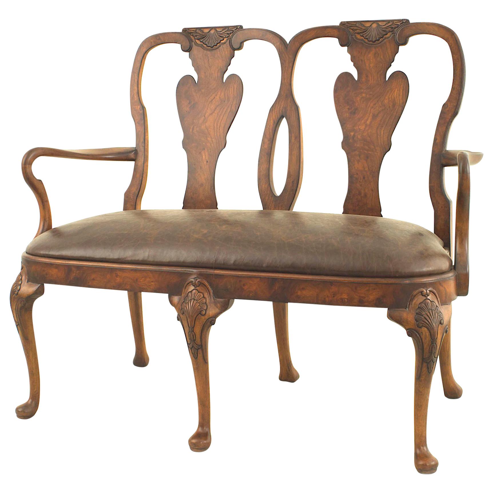 English Queen Anne Style Carved Open Arm Loveseat For Sale
