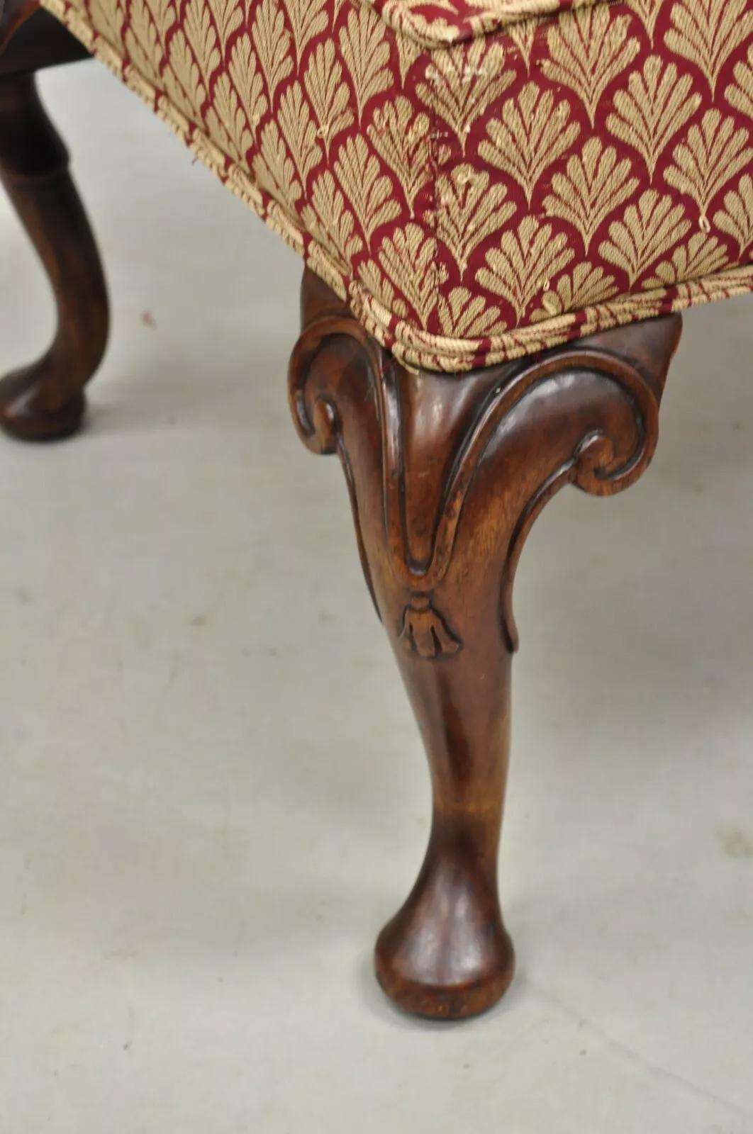 English Queen Anne Style Carved Walnut Square Upholstered Ottoman Footstool 5