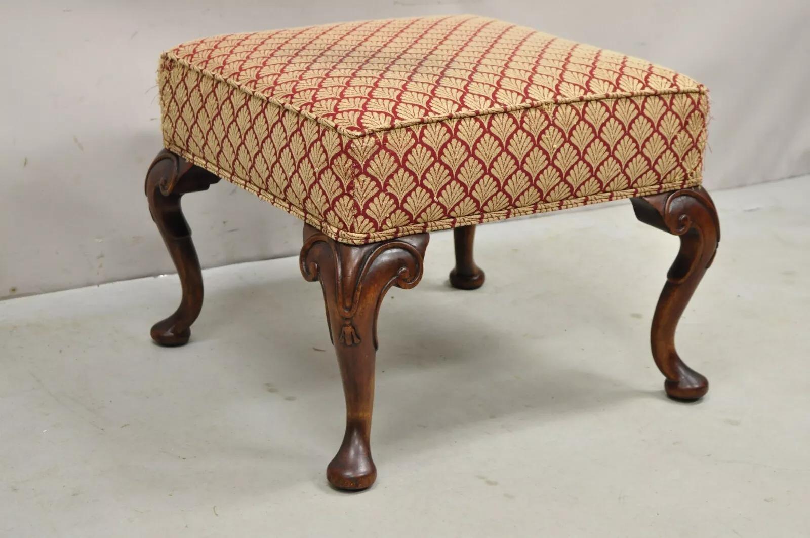 English Queen Anne Style Carved Walnut Square Upholstered Ottoman Footstool 6