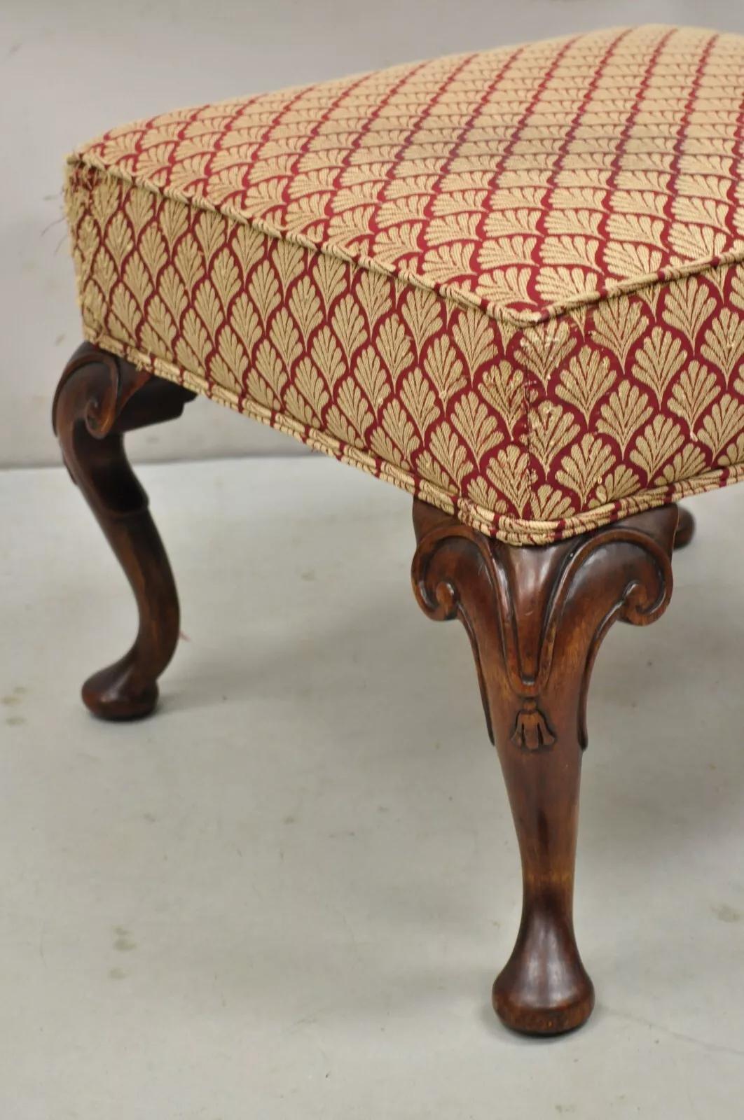 Unknown English Queen Anne Style Carved Walnut Square Upholstered Ottoman Footstool