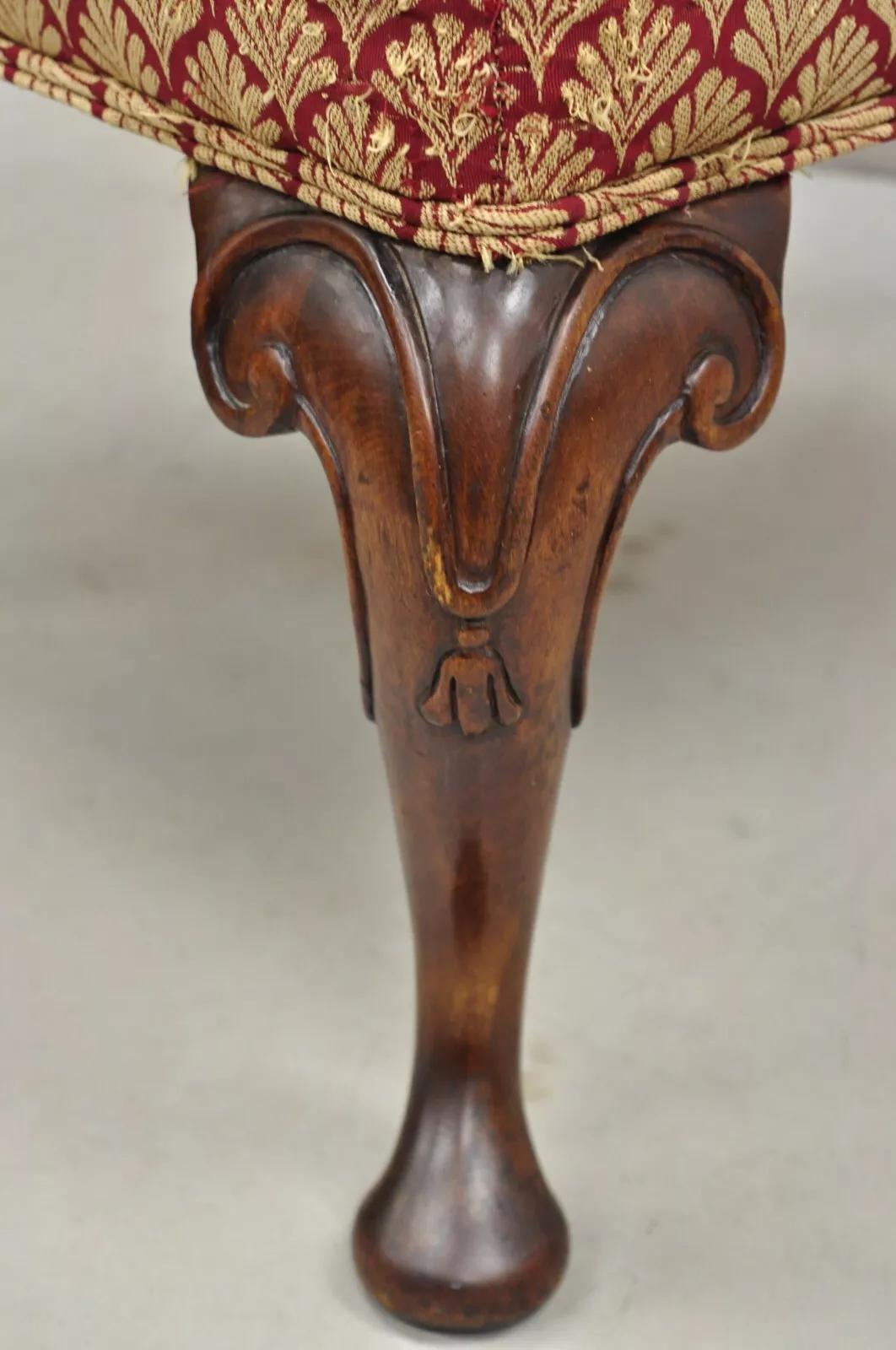 English Queen Anne Style Carved Walnut Square Upholstered Ottoman Footstool In Good Condition In Philadelphia, PA
