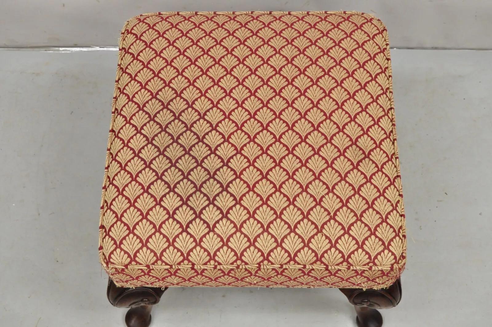 20th Century English Queen Anne Style Carved Walnut Square Upholstered Ottoman Footstool