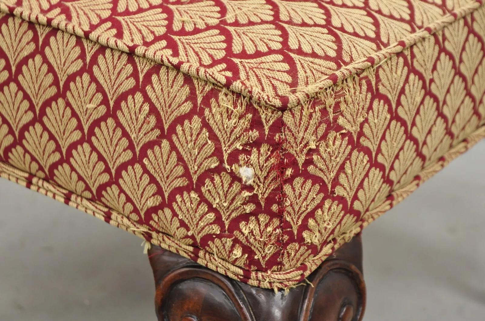 English Queen Anne Style Carved Walnut Square Upholstered Ottoman Footstool 1