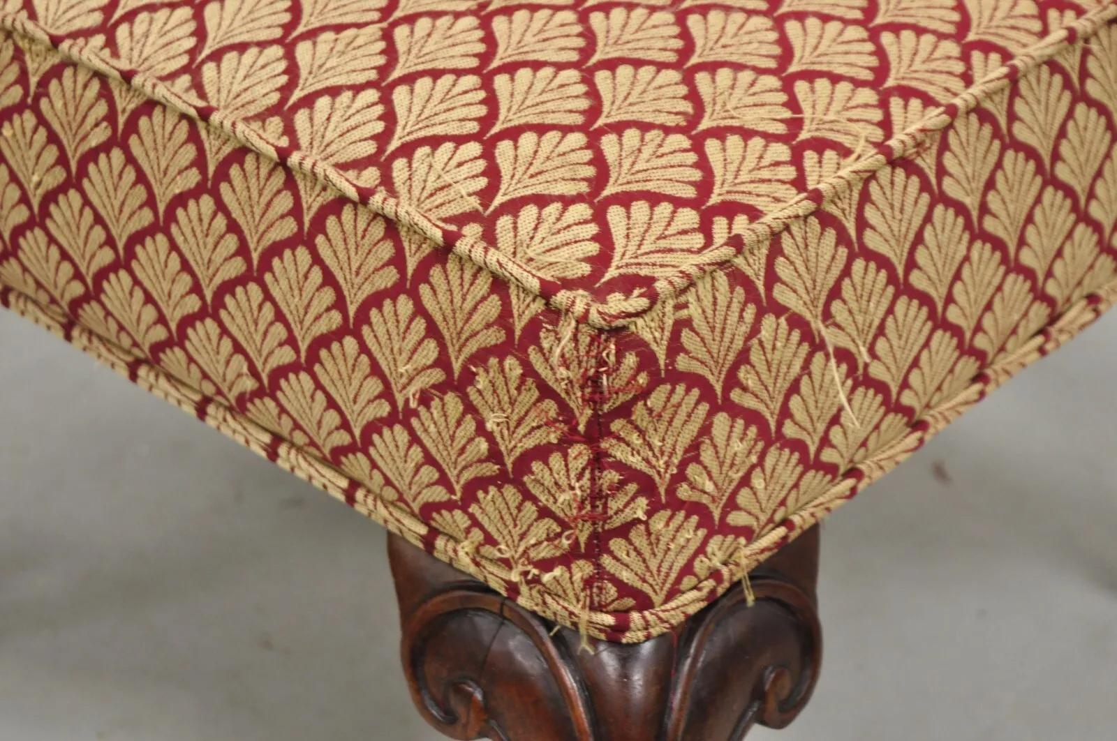 English Queen Anne Style Carved Walnut Square Upholstered Ottoman Footstool 3