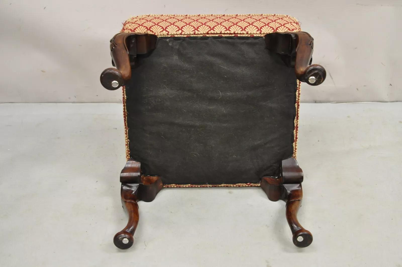 English Queen Anne Style Carved Walnut Square Upholstered Ottoman Footstool 4