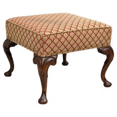Antique English Queen Anne Style Carved Walnut Square Upholstered Ottoman Footstool
