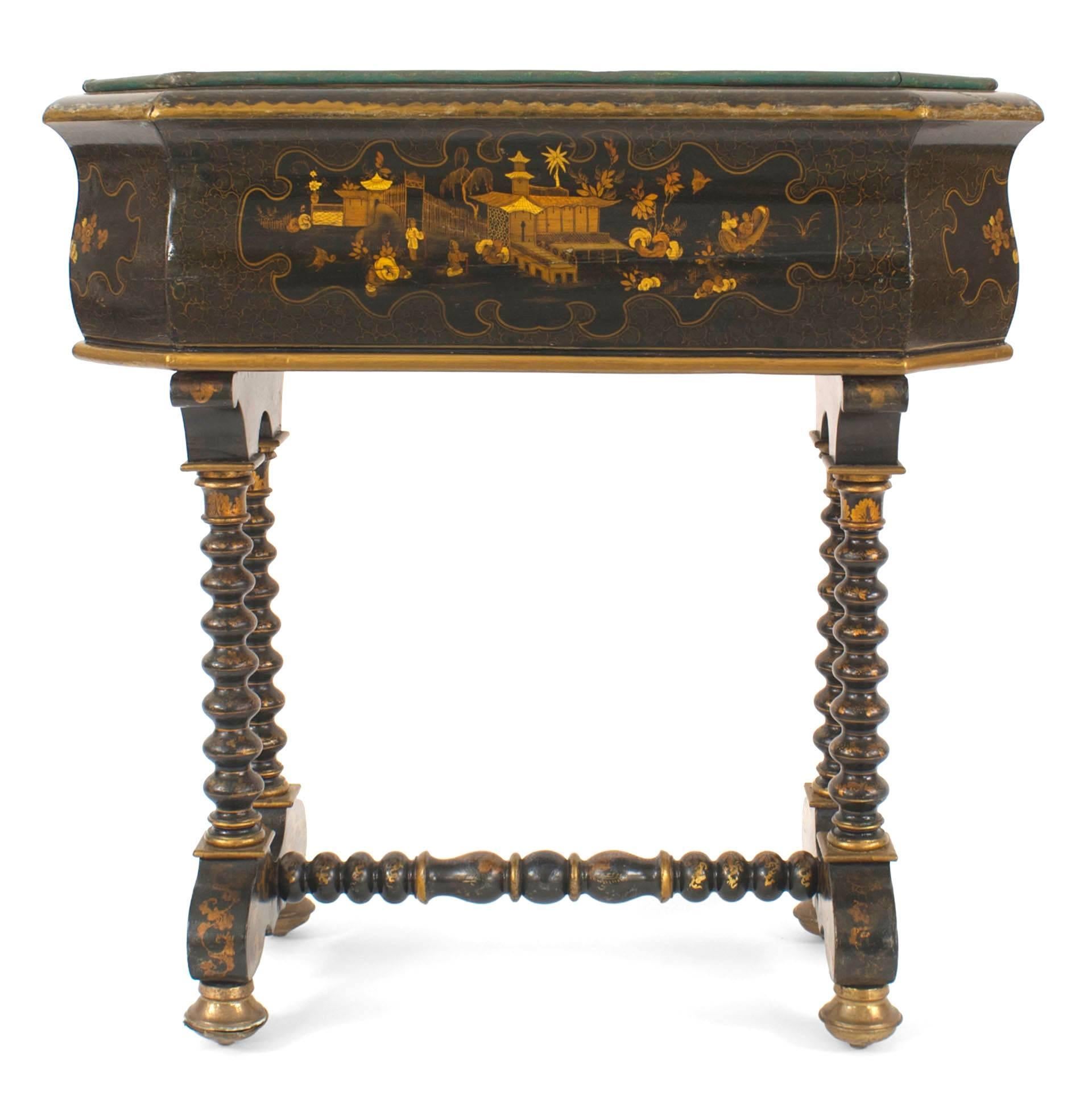English Queen Anne style gilt and black lacquered Chinoiserie decorated fernery of bombe form on turned legs joined by a stretcher (late 19th-early 20th century).
 