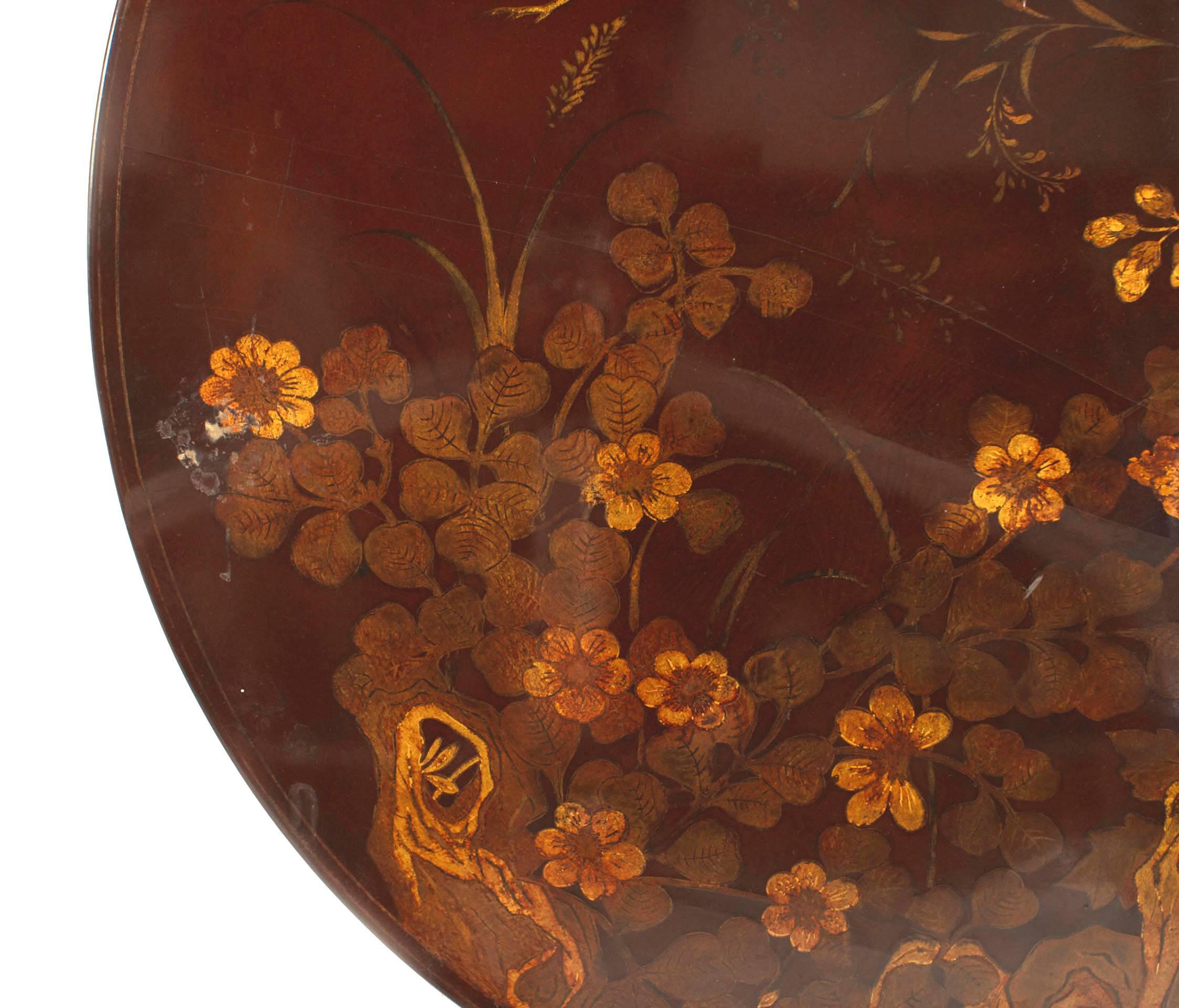 20th Century English Queen Anne Style Chinoiserie Rust Lacquer Floral Design Coffee Table