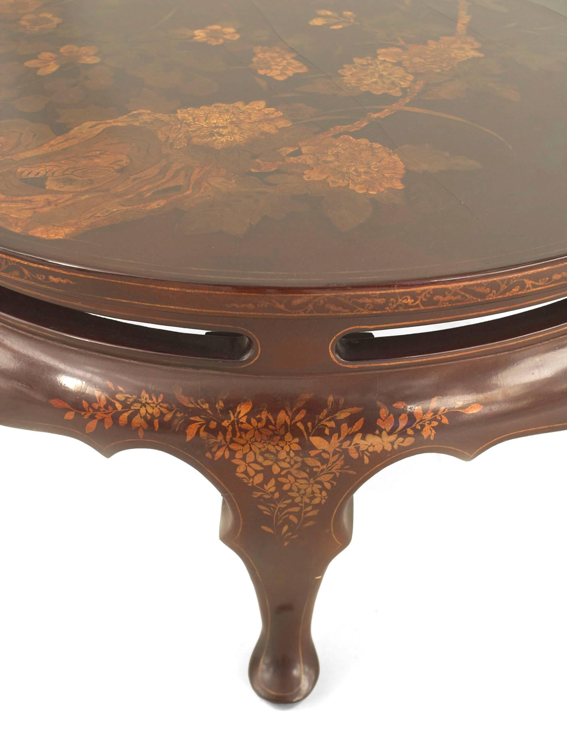 English Queen Anne Style Chinoiserie Rust Lacquer Floral Design Coffee Table 1