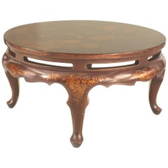 English Queen Anne Style Chinoiserie Rust Lacquer Floral Design Coffee Table