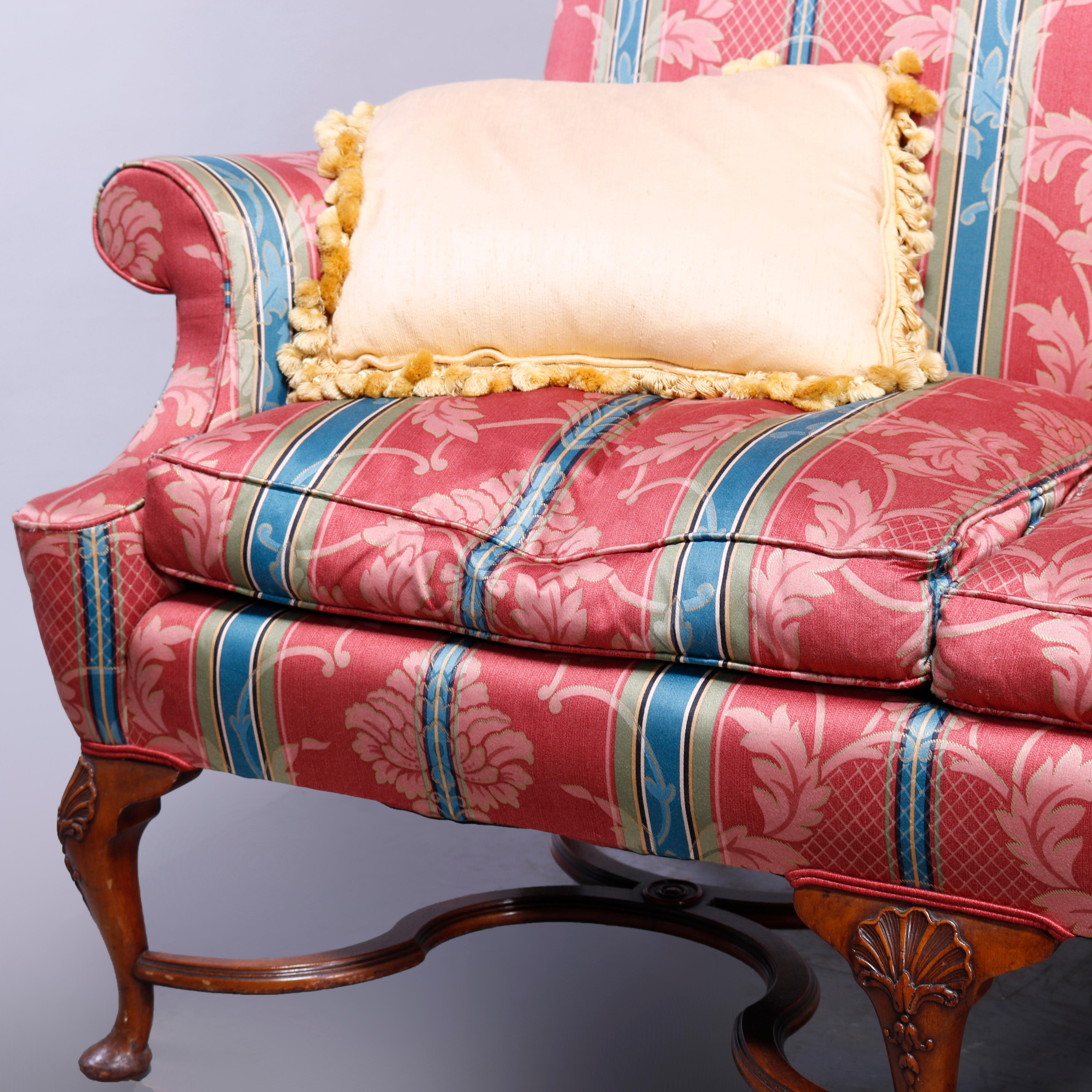 Upholstery English Queen Anne Style Double Camel Back Upholstered Settee Sofa 20th C