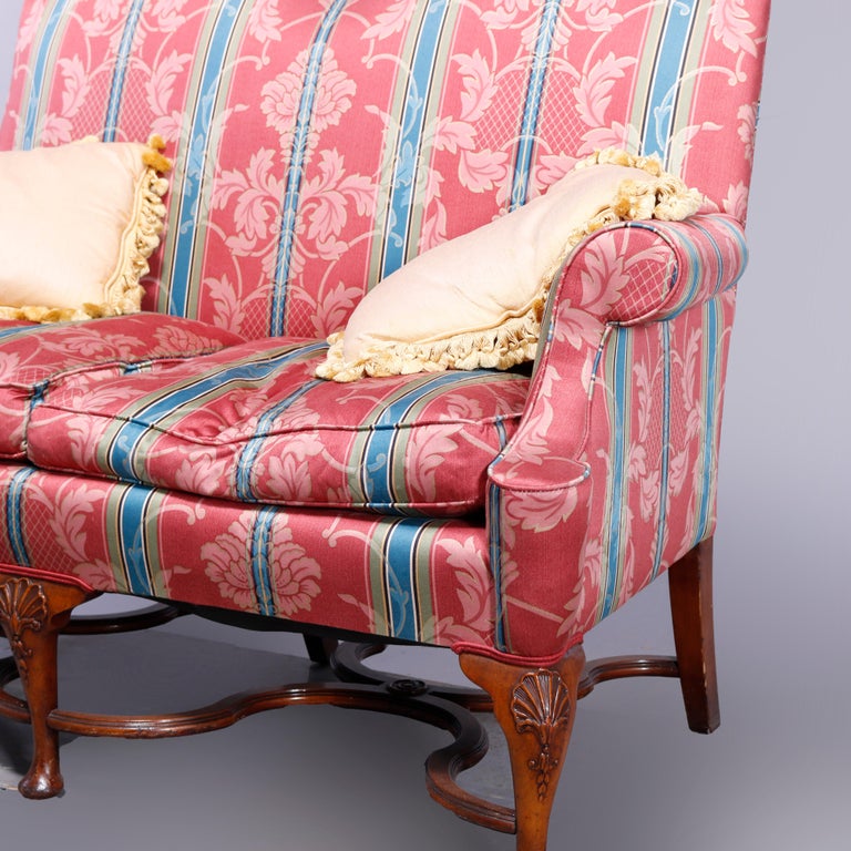 English Queen Anne Style Double Camel Back Upholstered Settee Sofa 20th