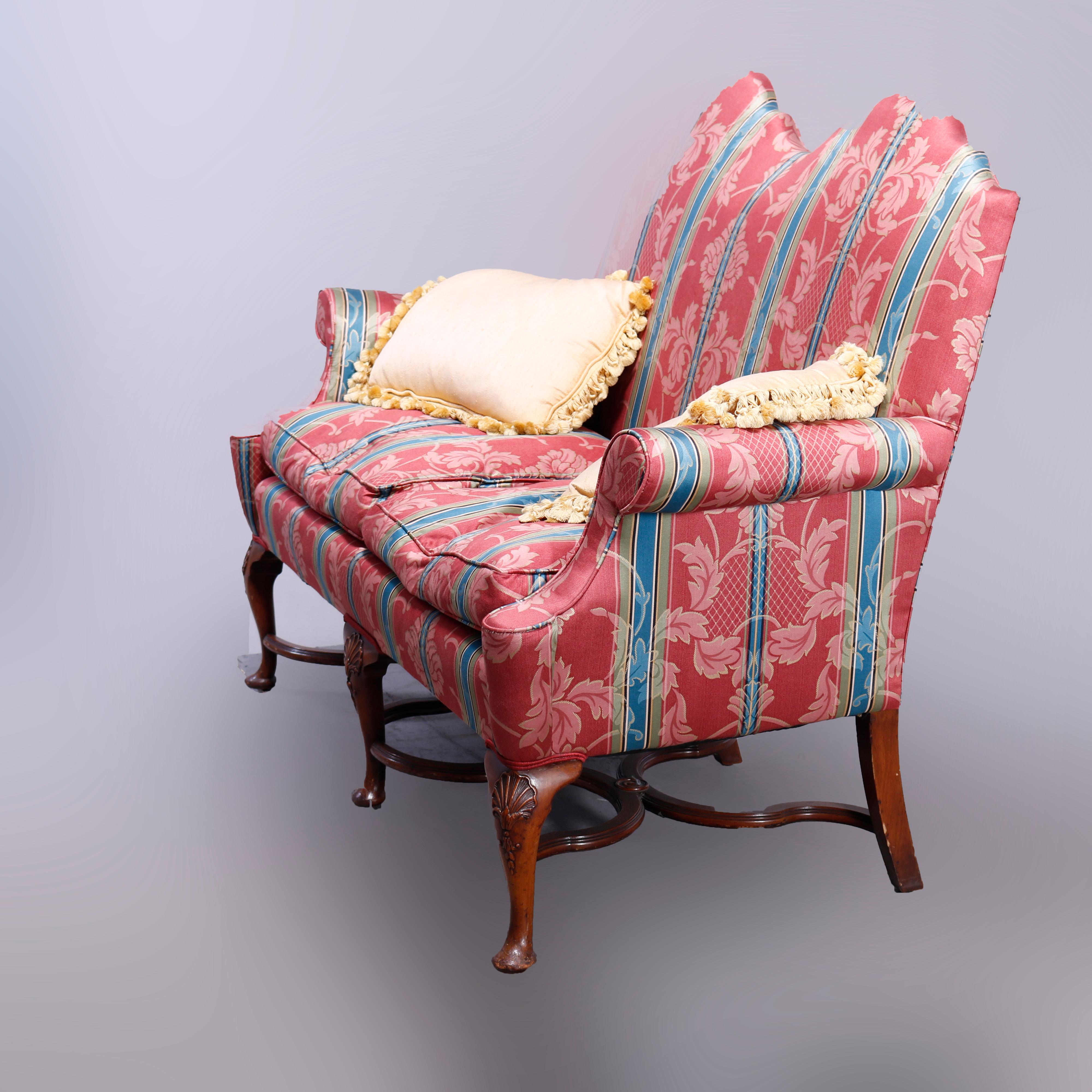 American English Queen Anne Style Double Camel Back Upholstered Settee Sofa 20th C