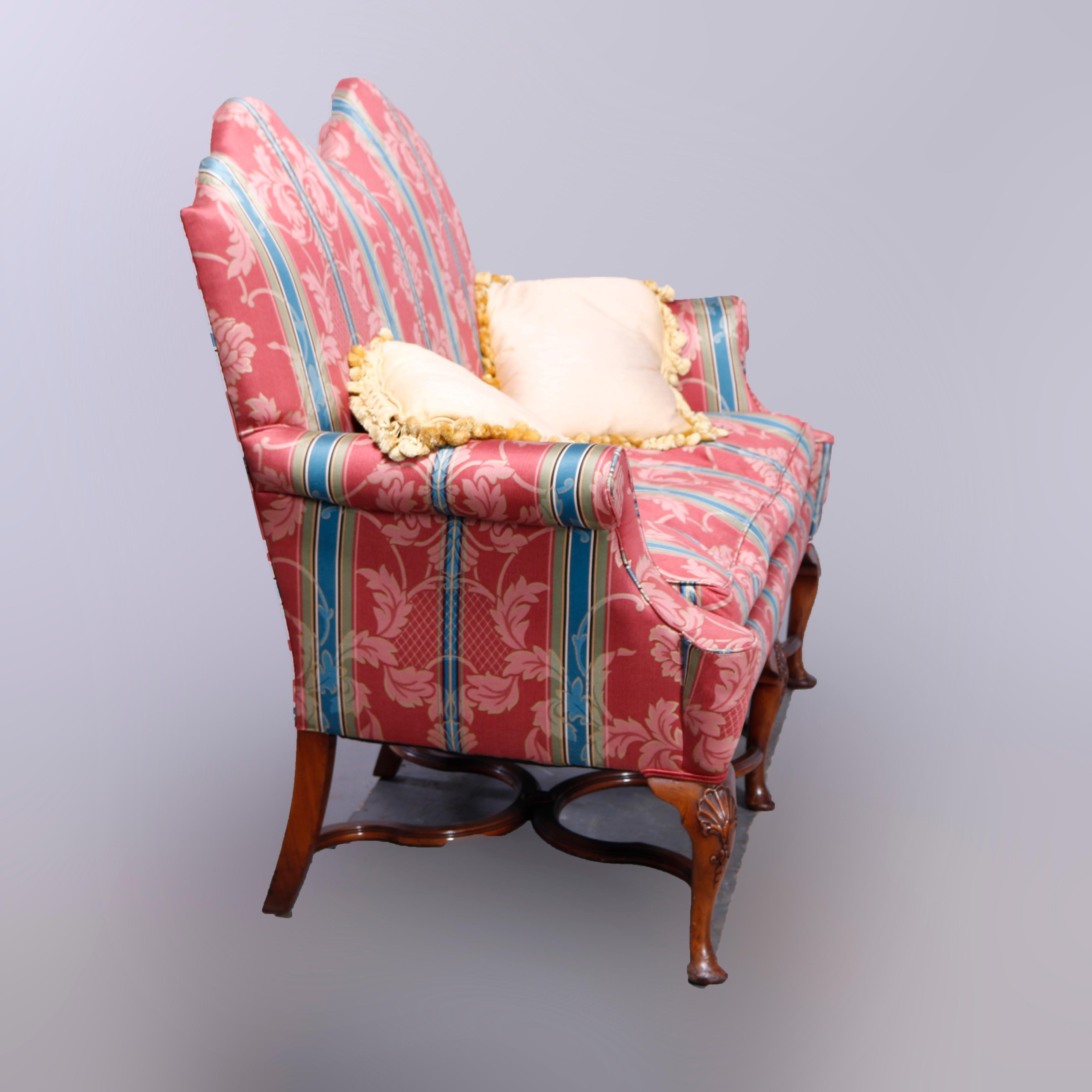 Carved English Queen Anne Style Double Camel Back Upholstered Settee Sofa 20th C
