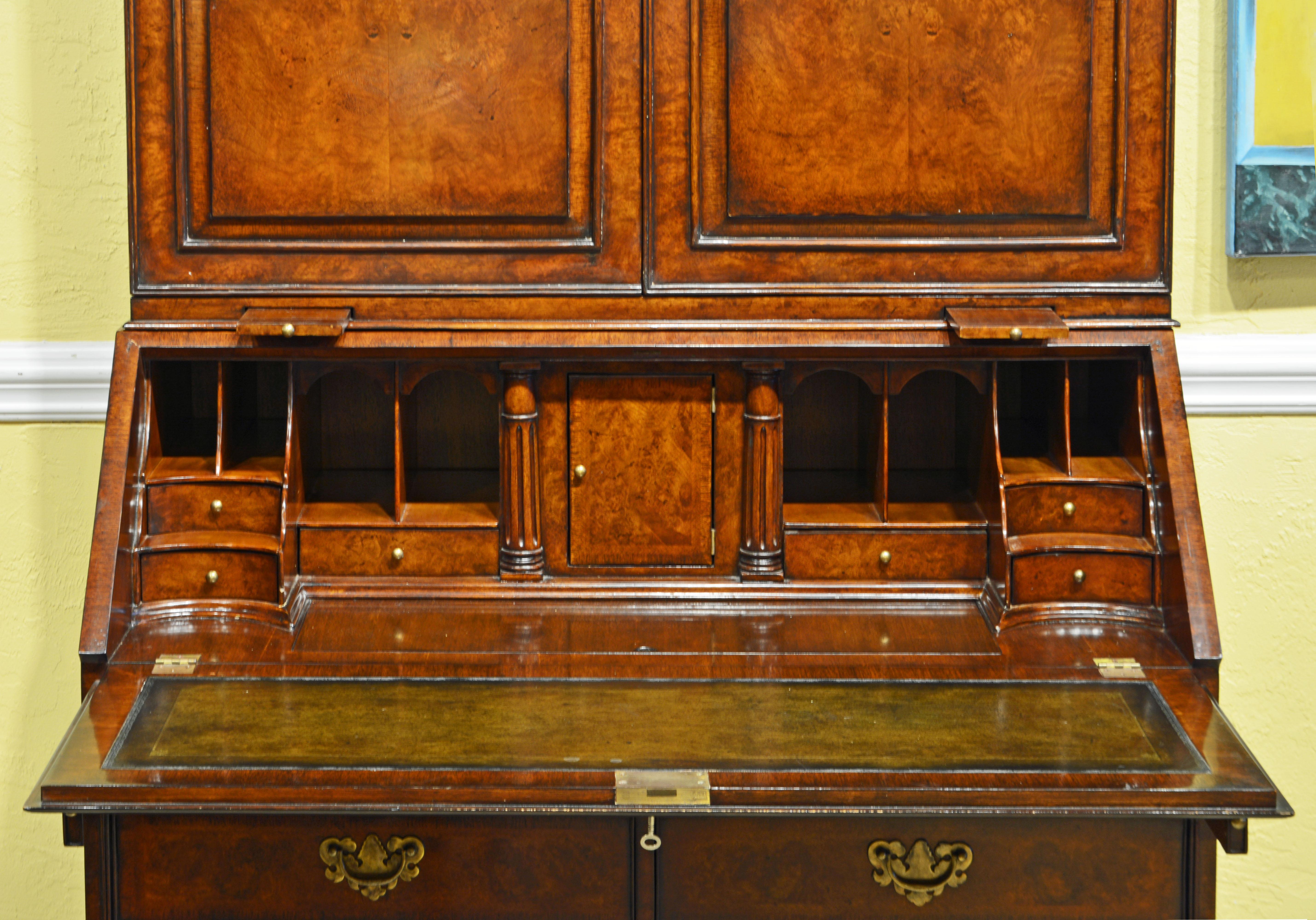 Brass English Queen Anne Style Double Domed Two Part Walnut Secretary Desk, 20th C