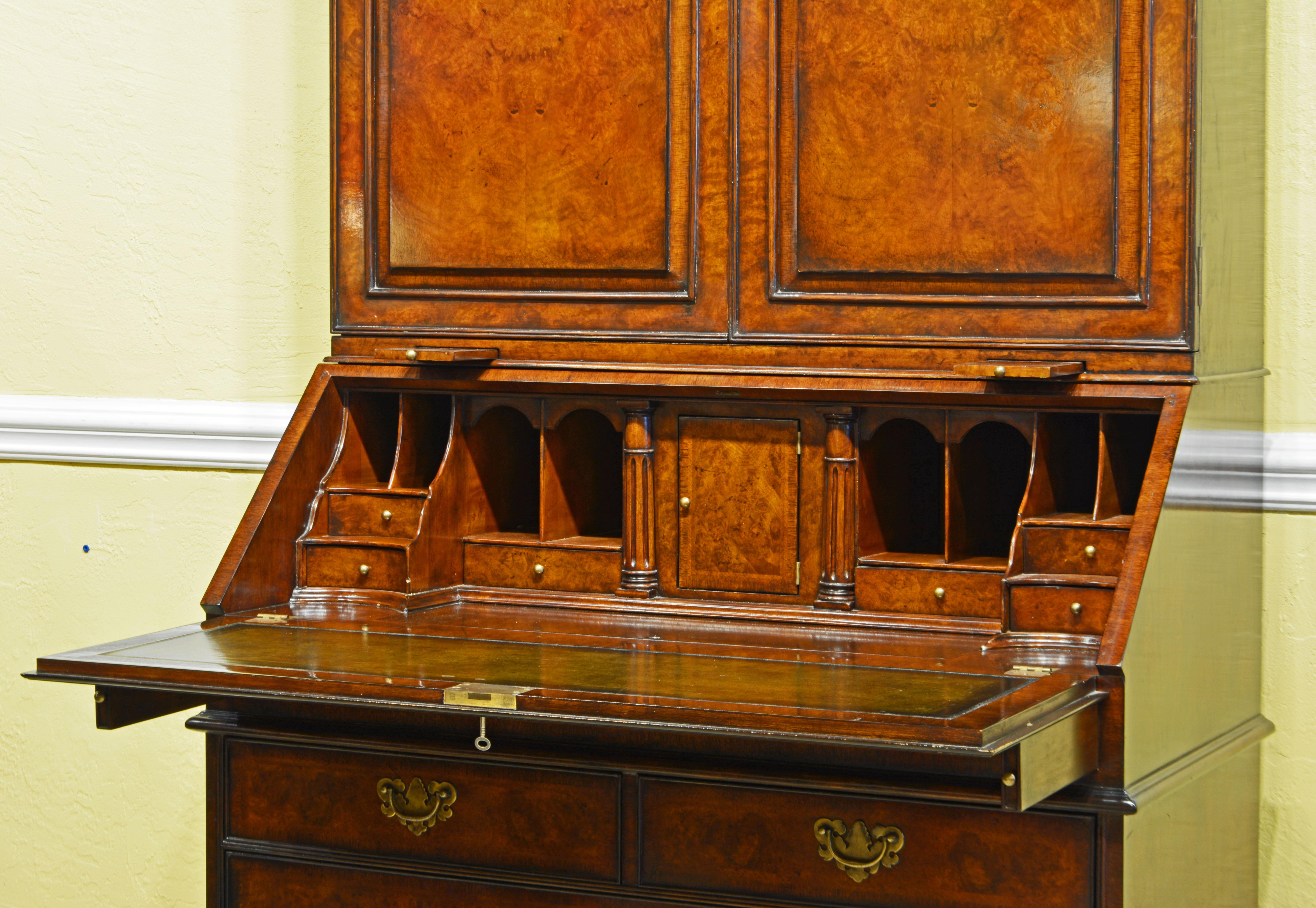 English Queen Anne Style Double Domed Two Part Walnut Secretary Desk, 20th C 1