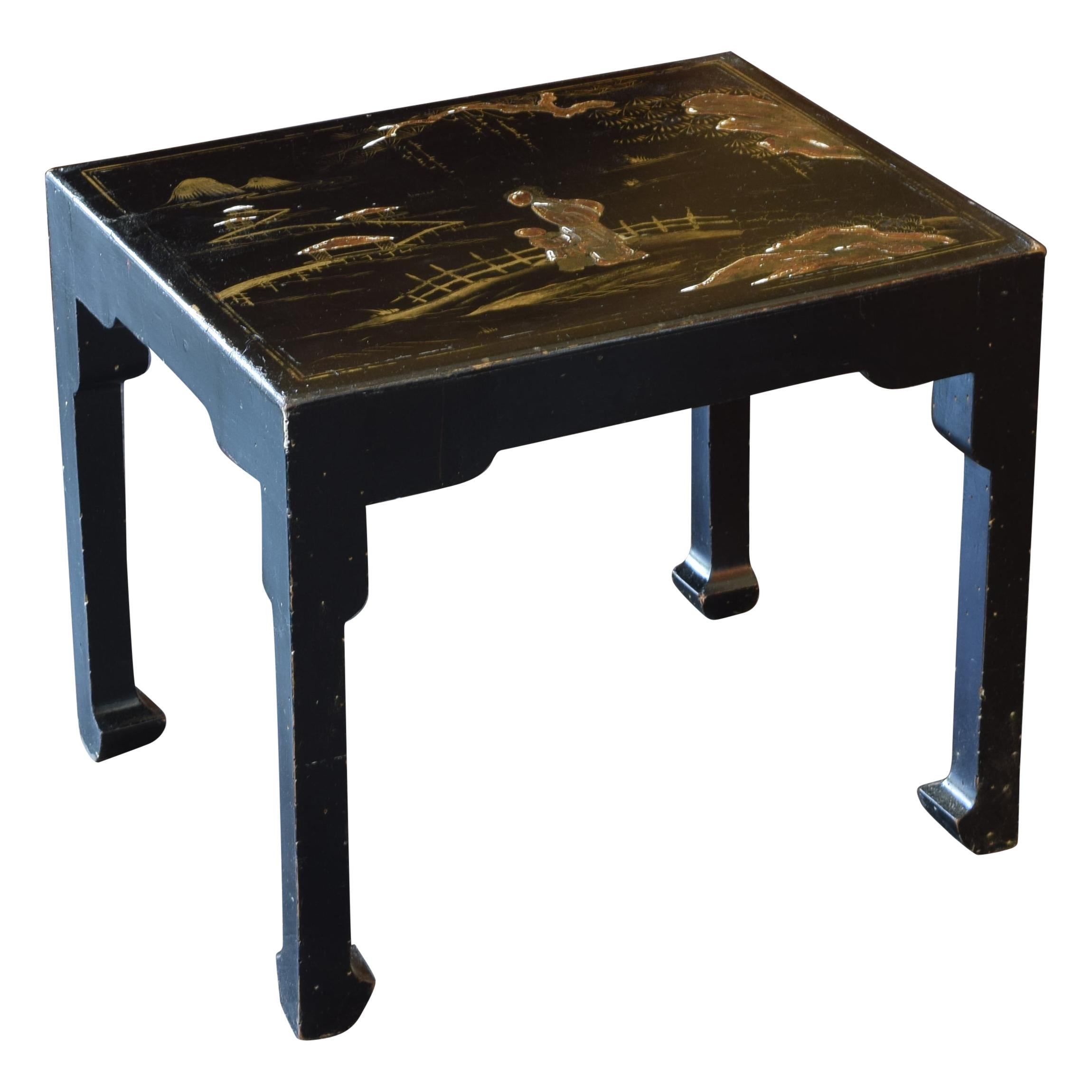 English Queen Anne Style Ebonized & Raised Gilt Chinoiserie Low Table, 2q 20thc
