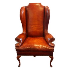 Antique English Queen Anne Style High Back Leather Library Wingchair, circa 1910