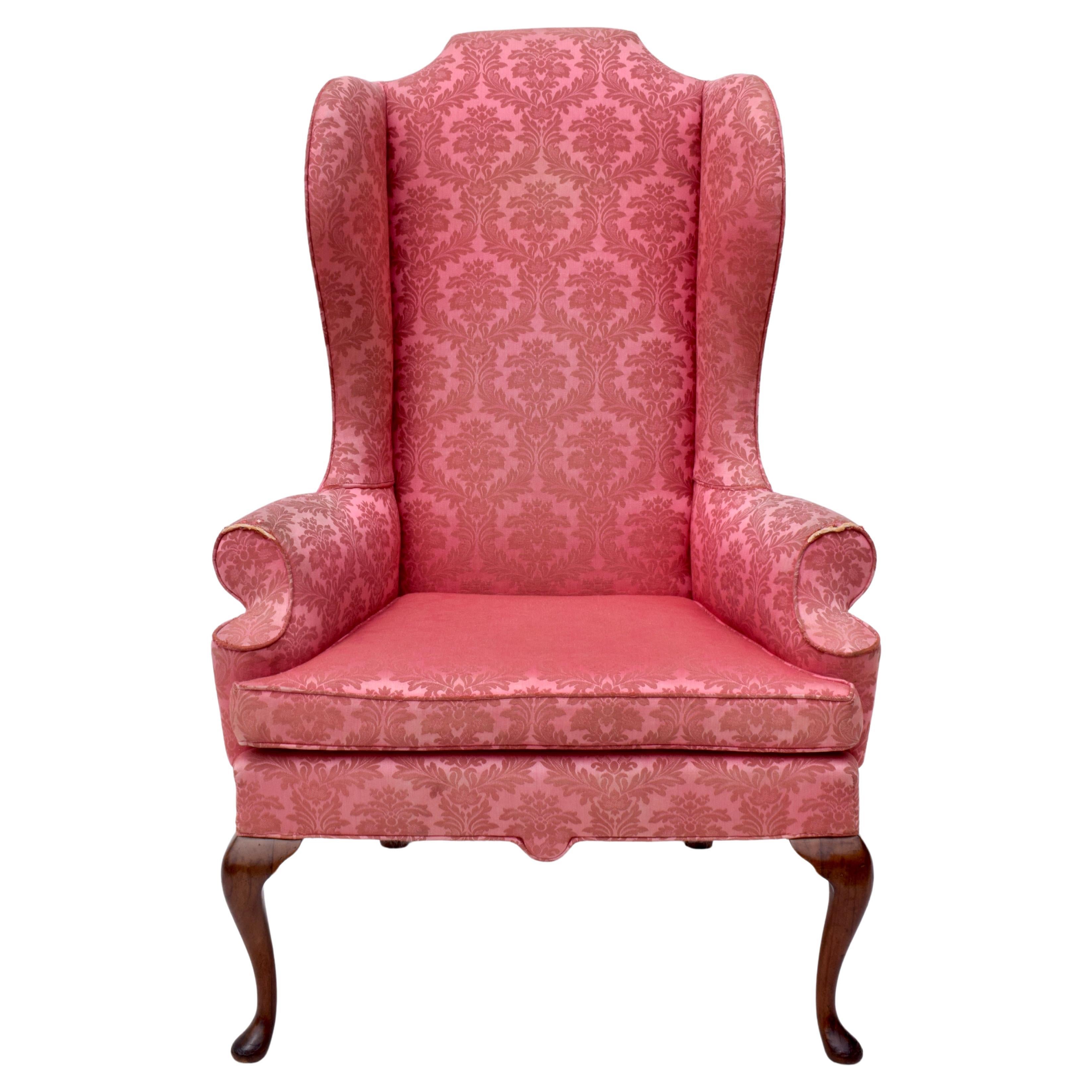 English Queen Anne Style High Back Library Wingchair