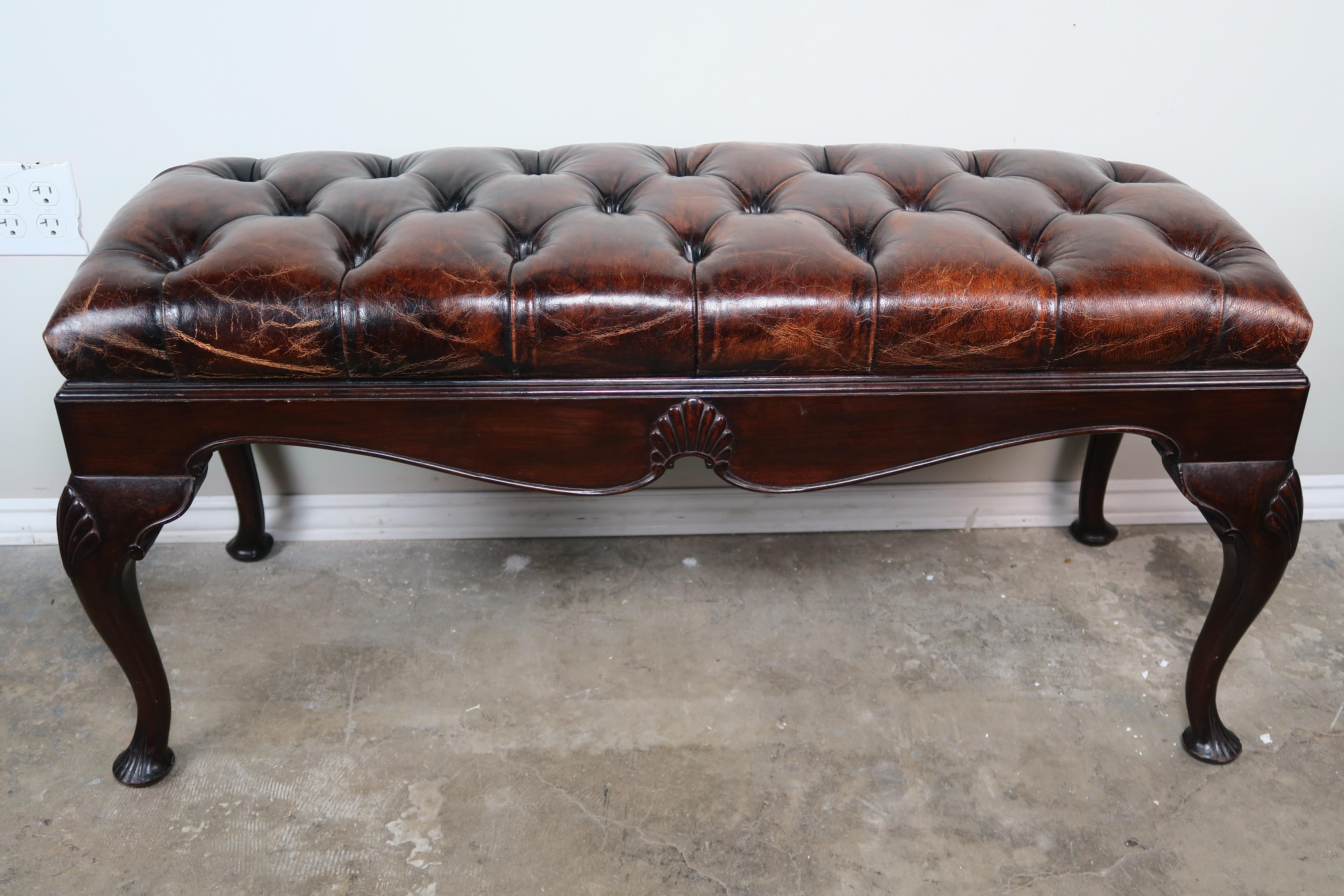 English Queen Anne Style Leather Tufted Bench, circa 1900 6