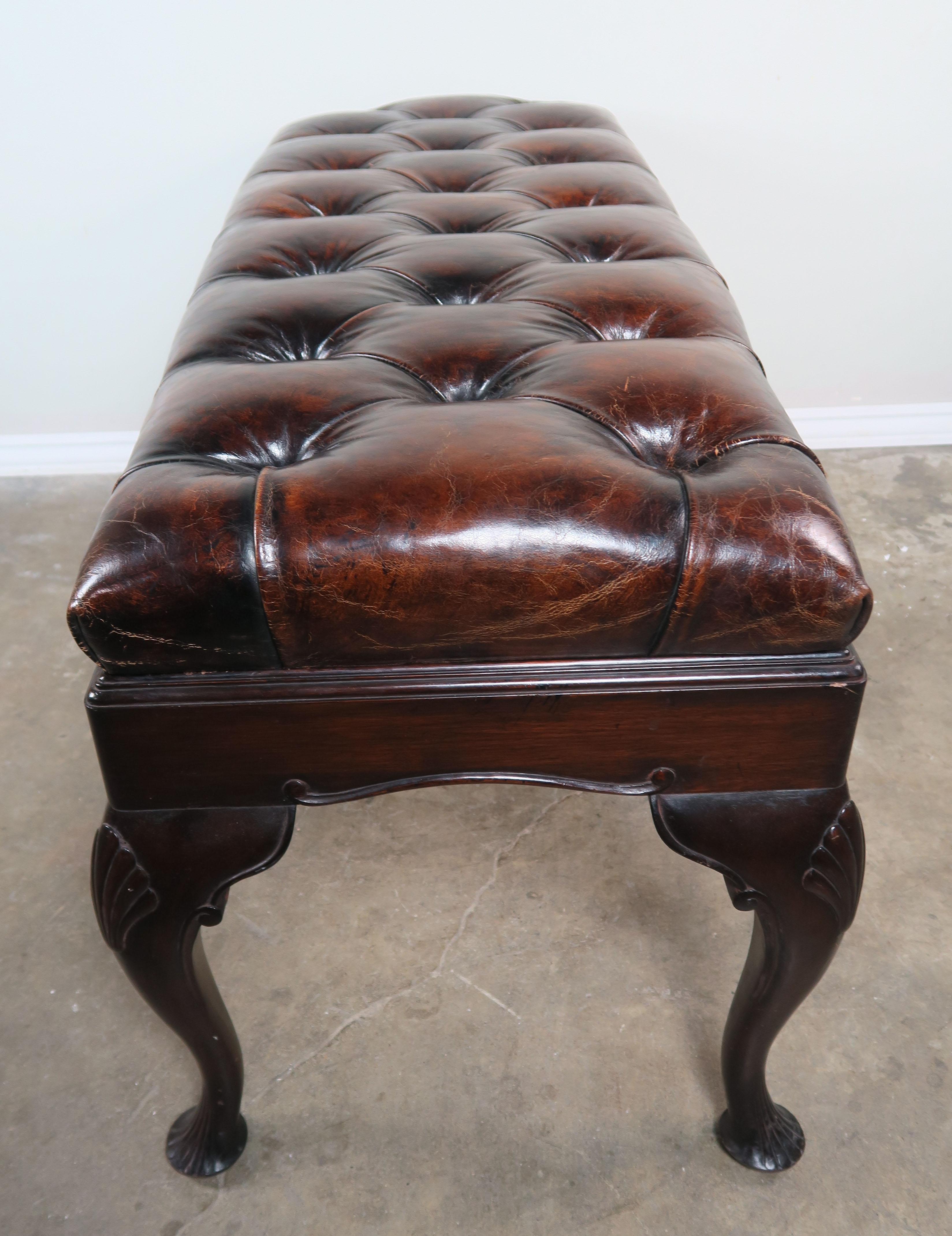 English Queen Anne Style Leather Tufted Bench, circa 1900 2