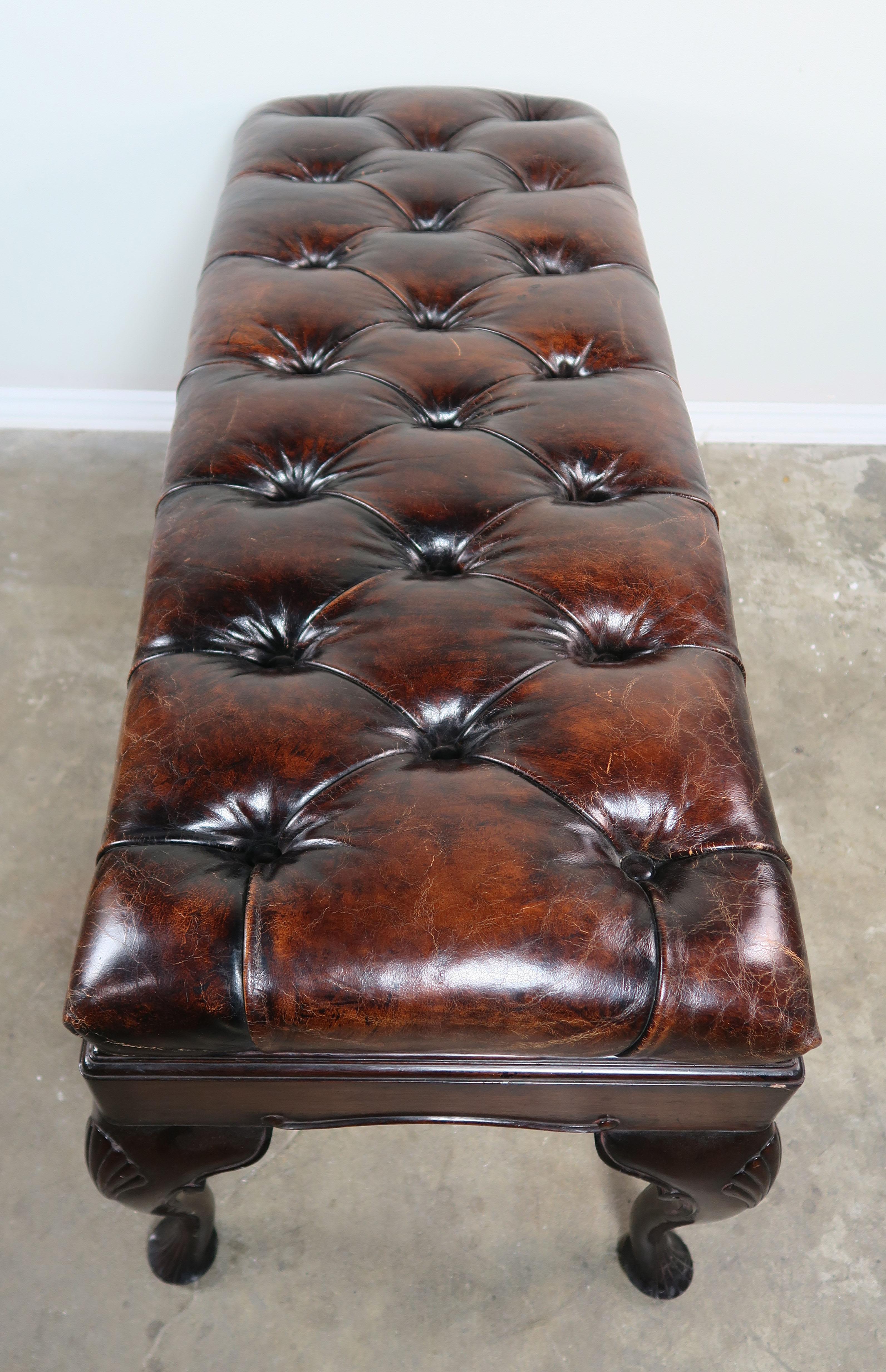 English Queen Anne Style Leather Tufted Bench, circa 1900 3