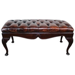 Antique English Queen Anne Style Leather Tufted Bench, circa 1900