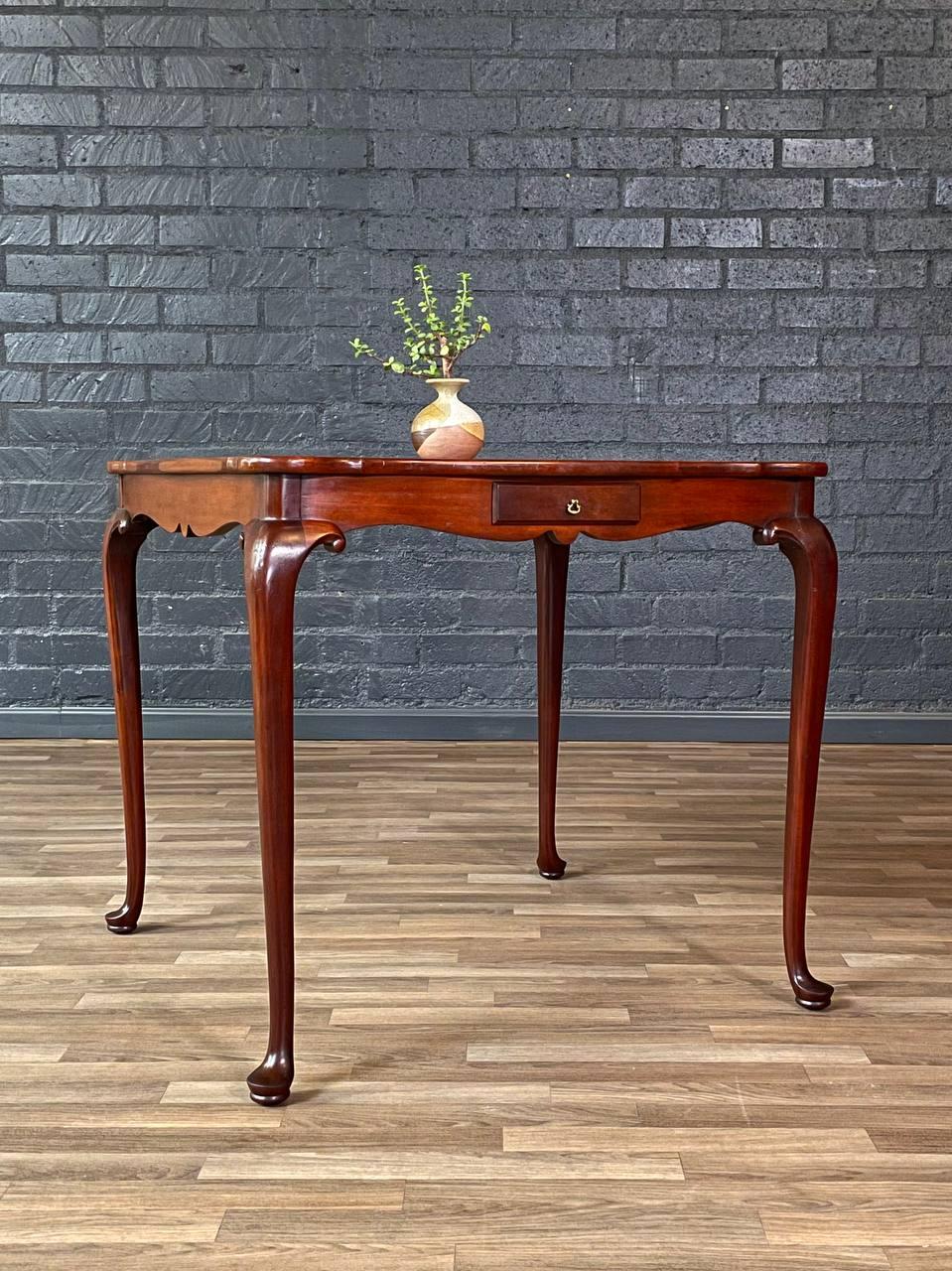 American English Queen Anne Style Mahogany Card/Game Table w/ Tooled Leather Top For Sale