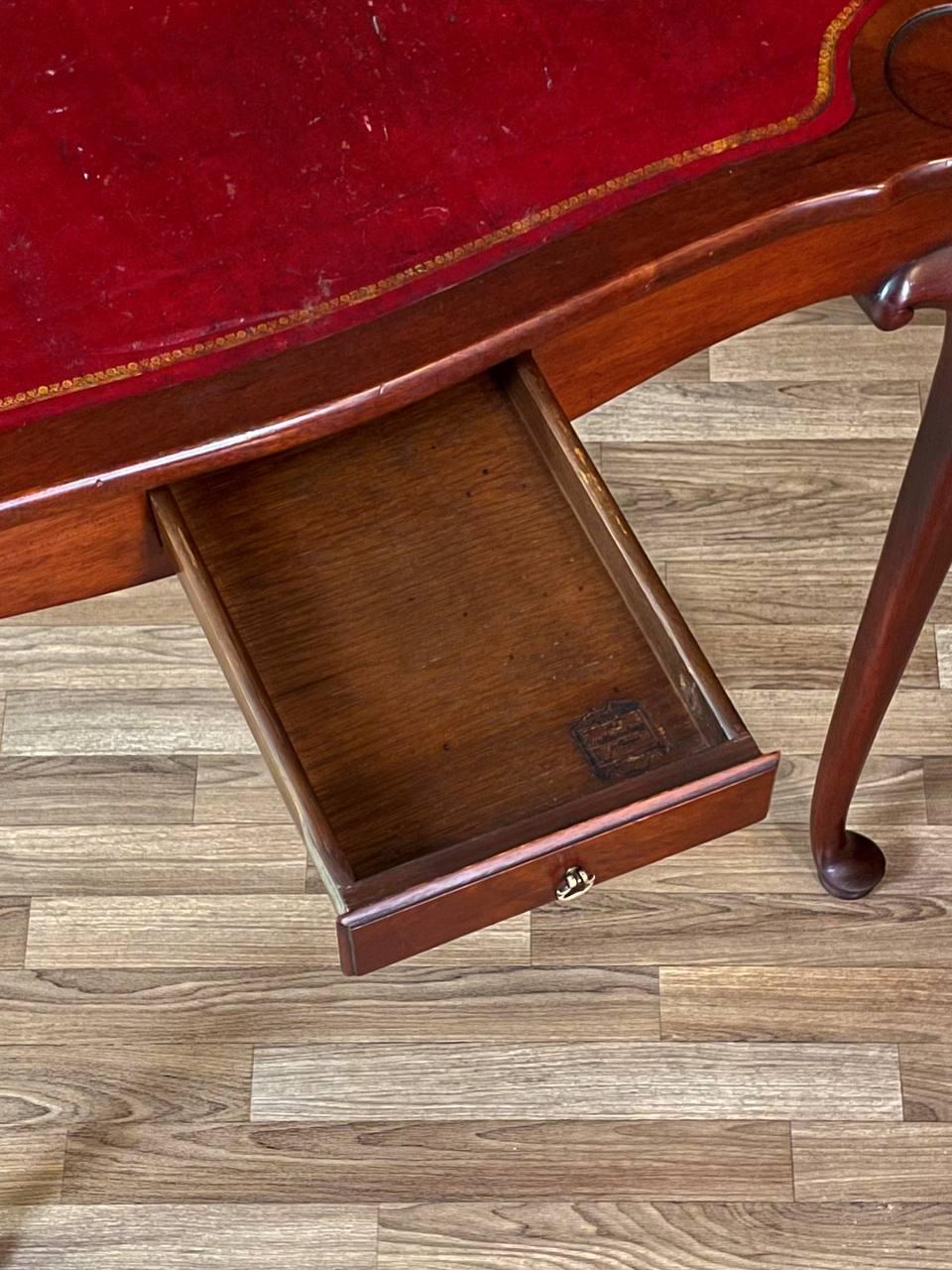 Brass English Queen Anne Style Mahogany Card/Game Table w/ Tooled Leather Top For Sale