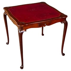 English Queen Anne Style Mahogany Card/Game Table w/ Tooled Leather Top