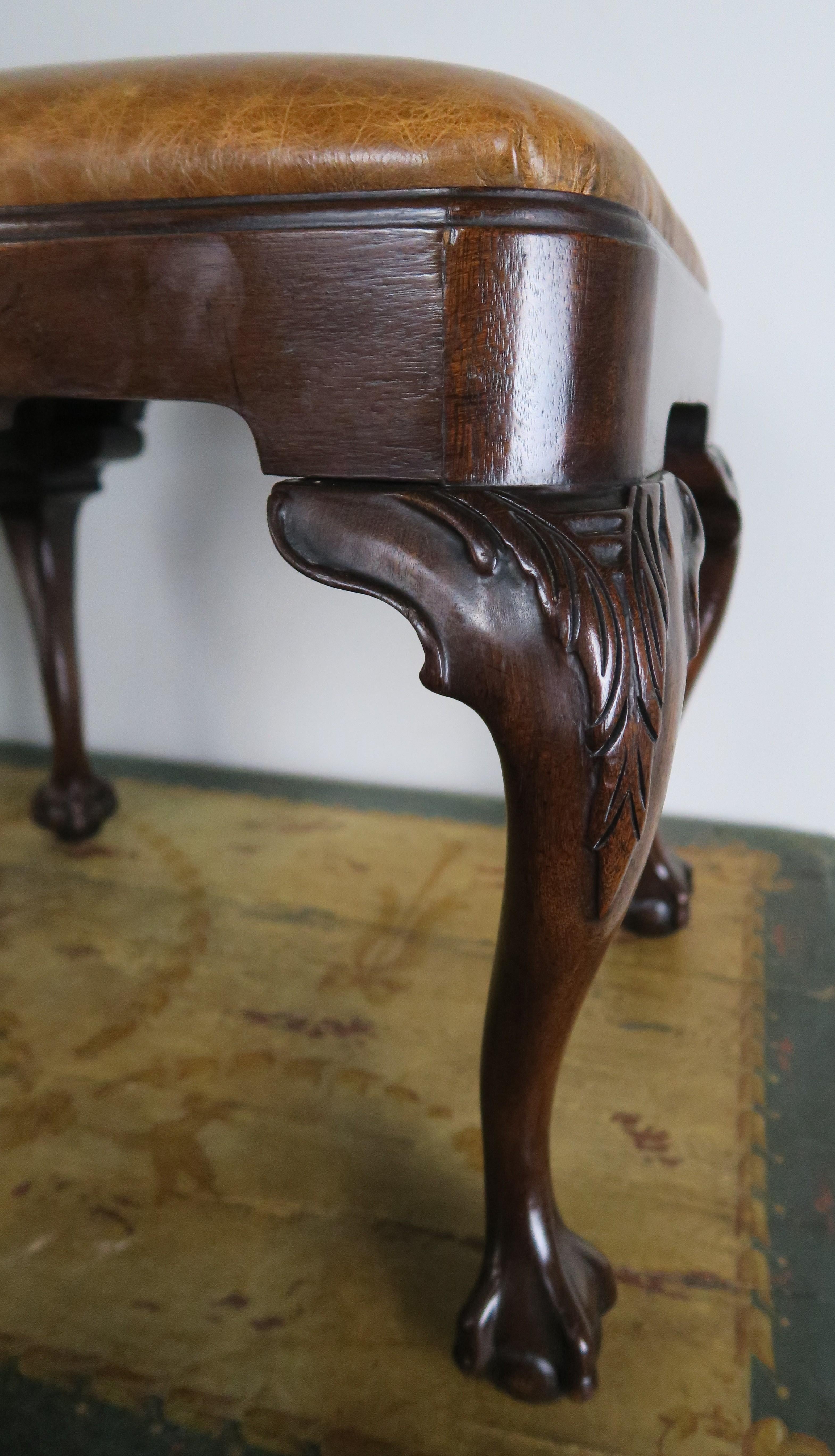 20th Century English Queen Anne Style Mahogany Leather Benches, Pair