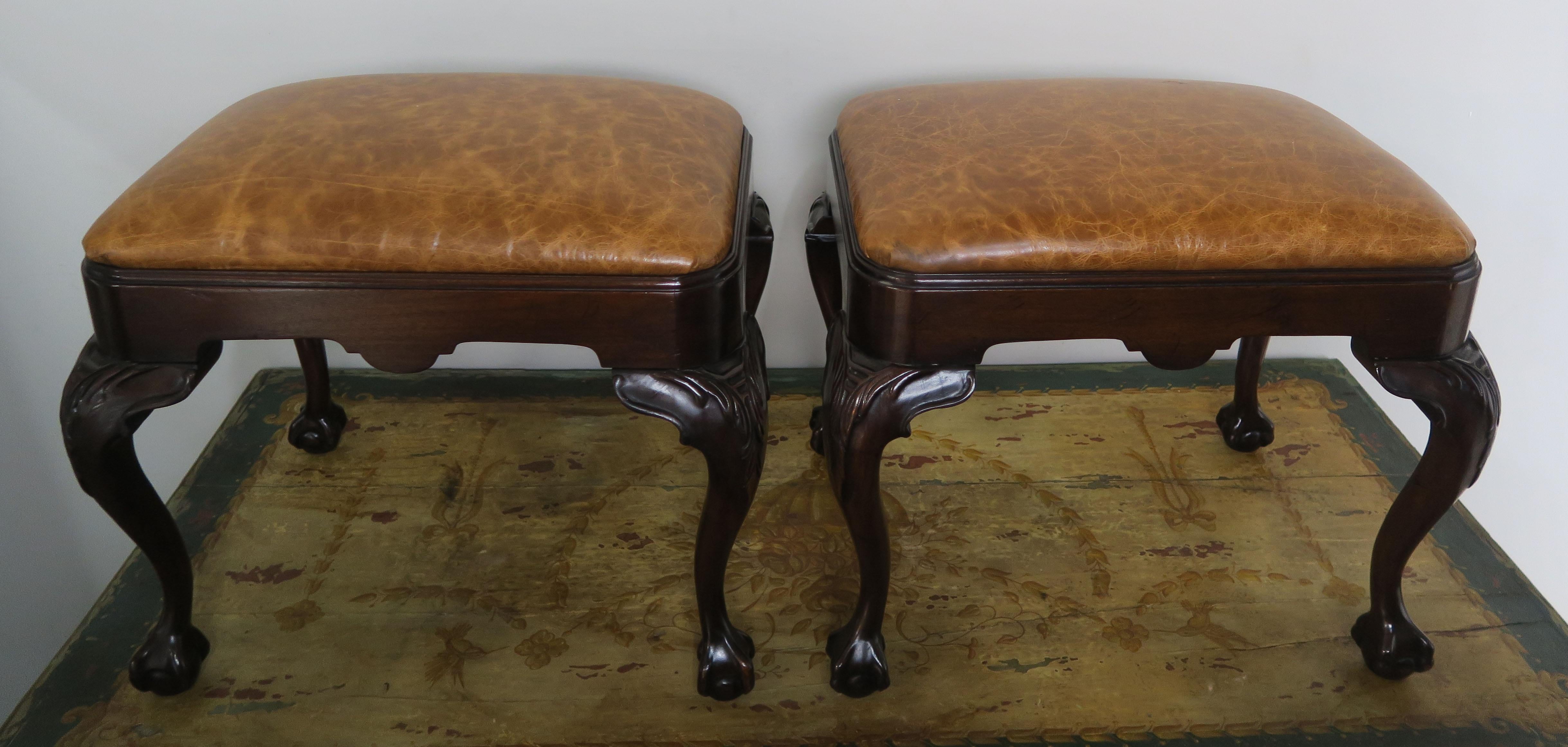 English Queen Anne Style Mahogany Leather Benches, Pair 5