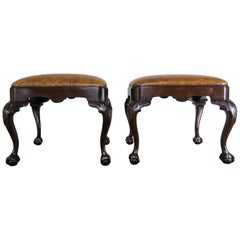 English Queen Anne Style Mahogany Leather Benches, Pair
