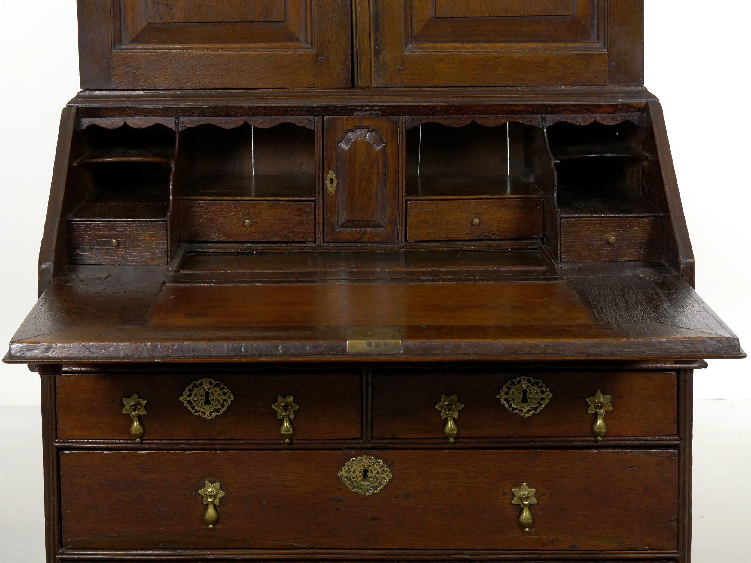 English Queen Anne Style Oak Antique Secretary Desk With Bookcase