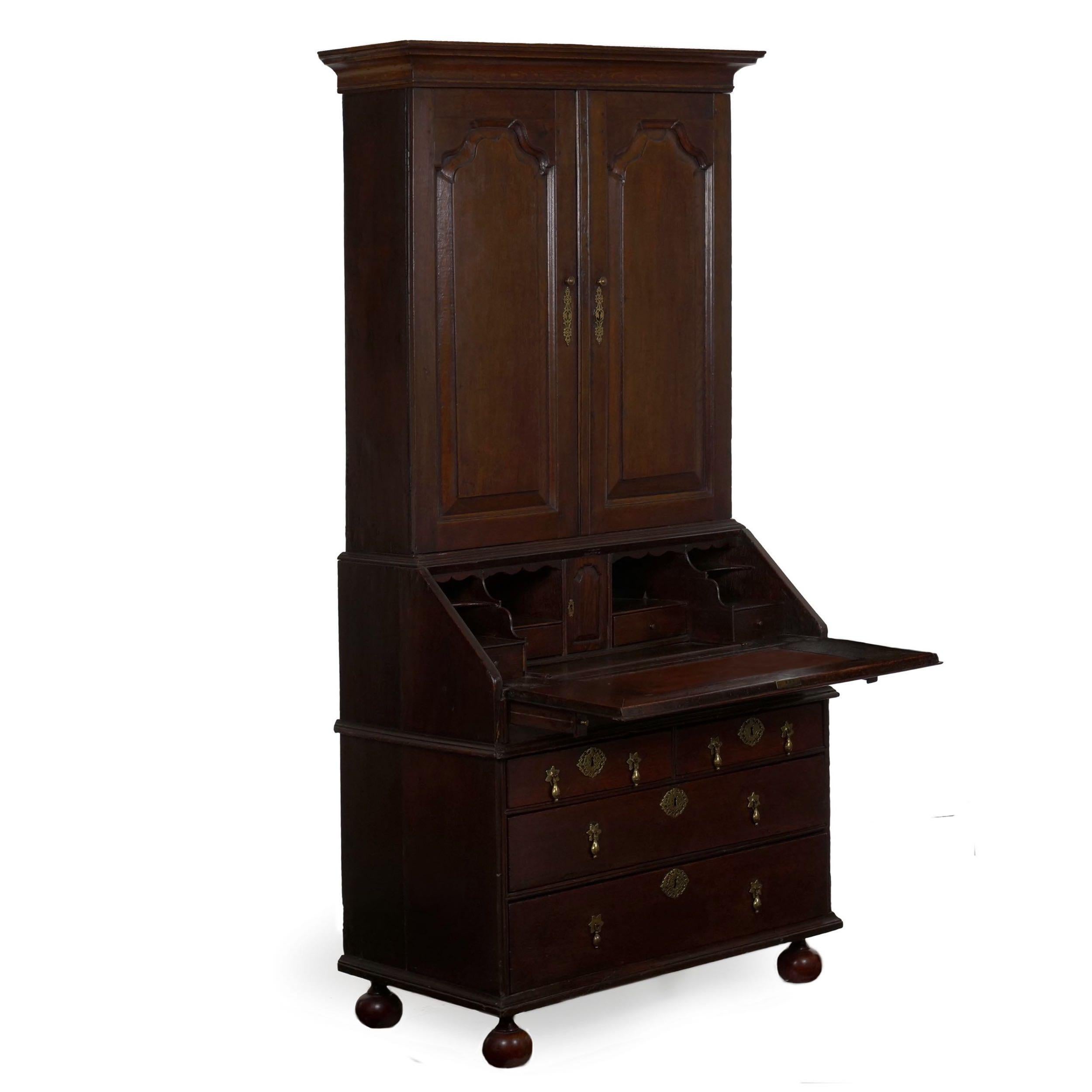 English Queen Anne Style Oak Antique Secretary Desk With Bookcase