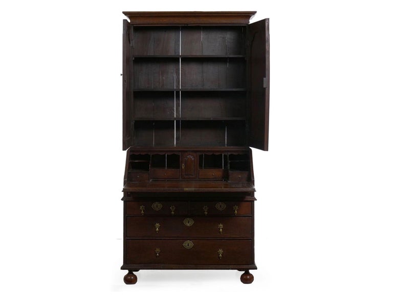 English Queen Anne Style Oak Antique Secretary Desk With Bookcase