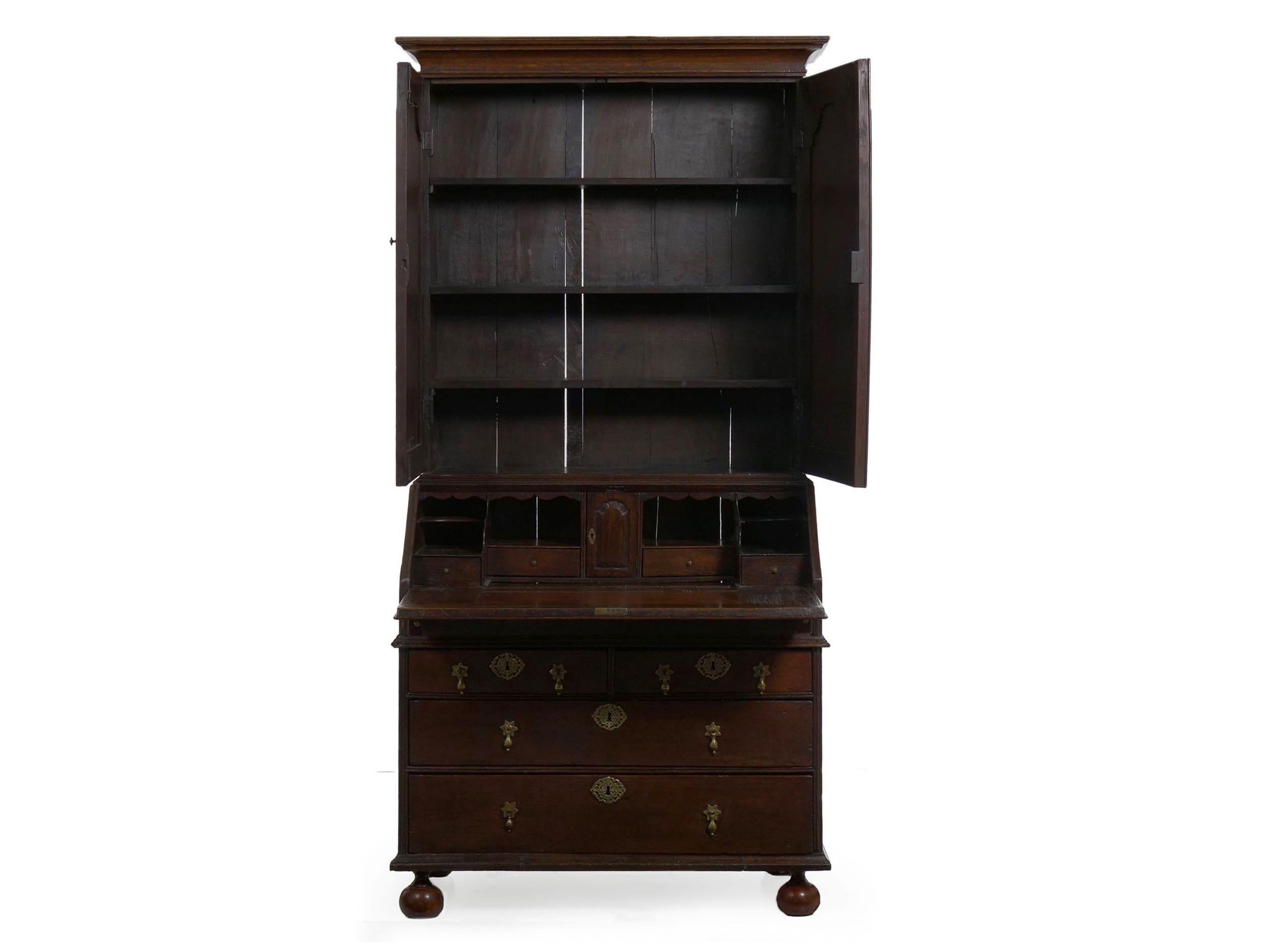 English Queen Anne Style Oak Antique Secretary Desk with Bookcase, 18th Century 2