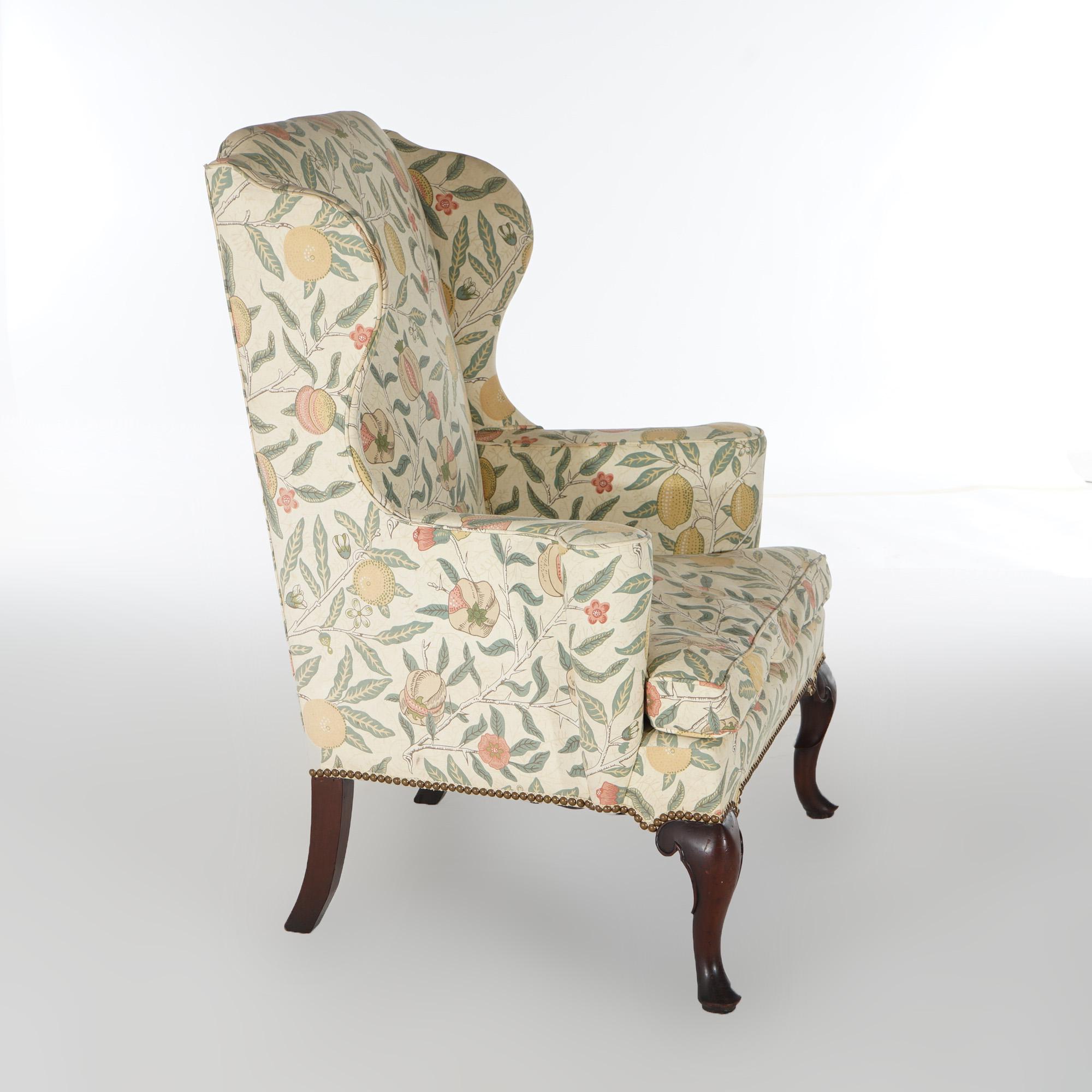 English Queen Anne Style Upholstered & Mahogany Fireside Wingback Chair 20th C For Sale 2