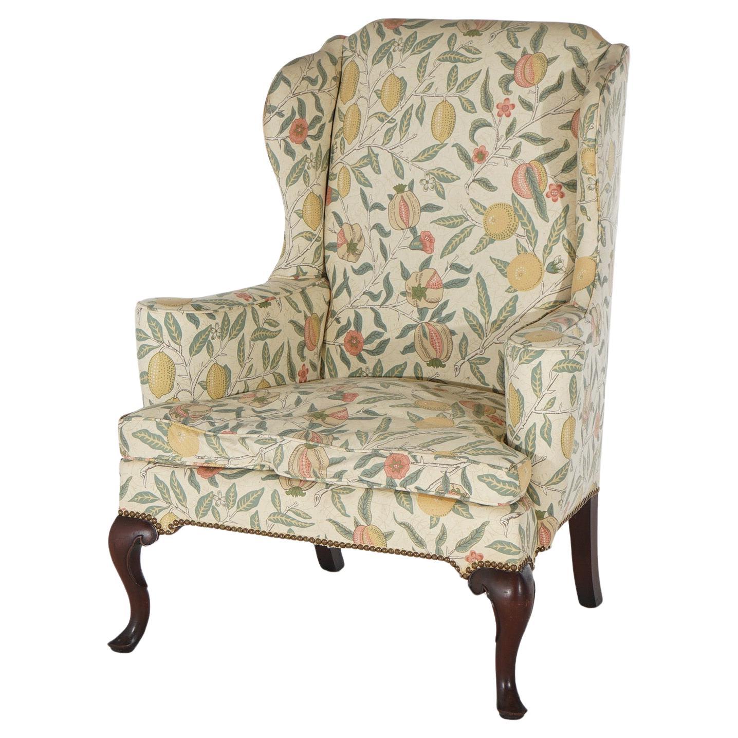 English Queen Anne Style Upholstered & Mahogany Fireside Wingback Chair 20th C For Sale