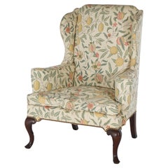 English Queen Anne Style Upholstered & Mahogany Fireside Wingback Chair 20th C