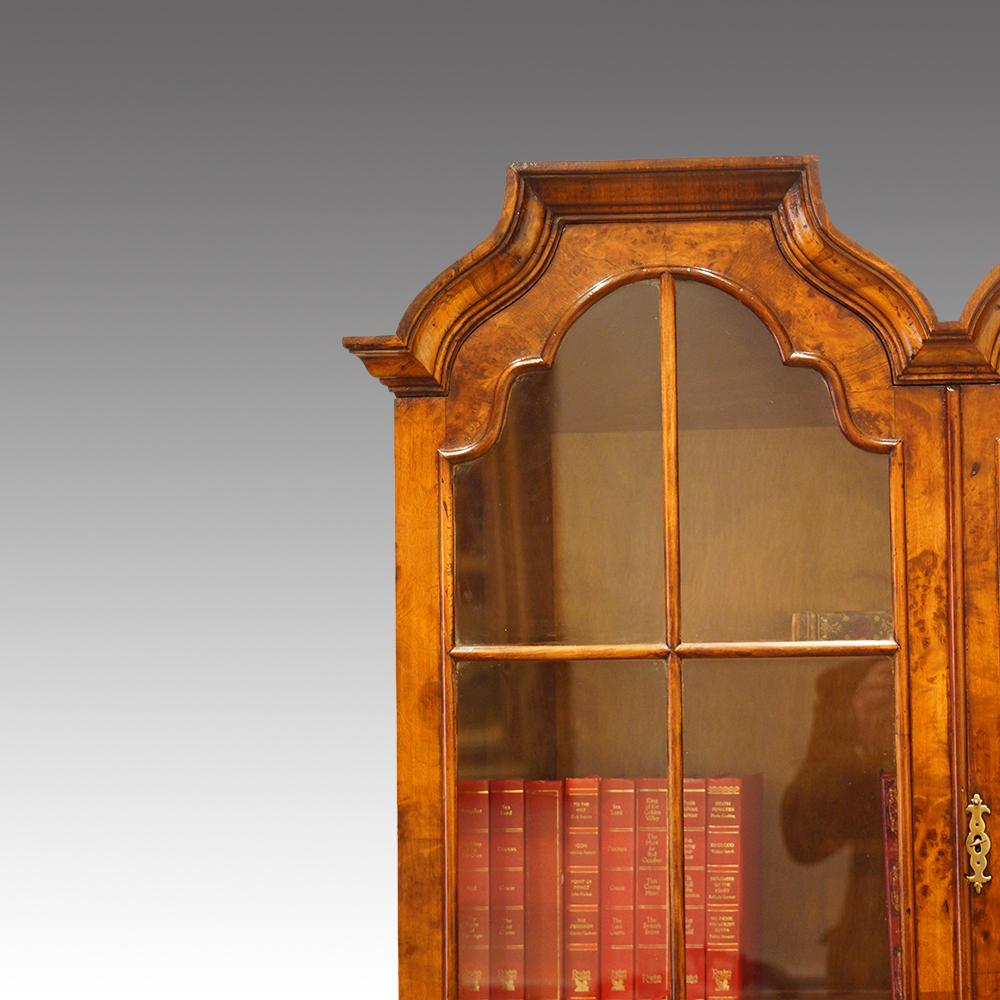Early 20th Century English Queen Anne Style Walnut Double Dome Bookcase, Made circa 1920