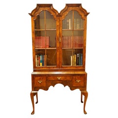 English Queen Anne Style Walnut Double Dome Bookcase, Made circa 1920