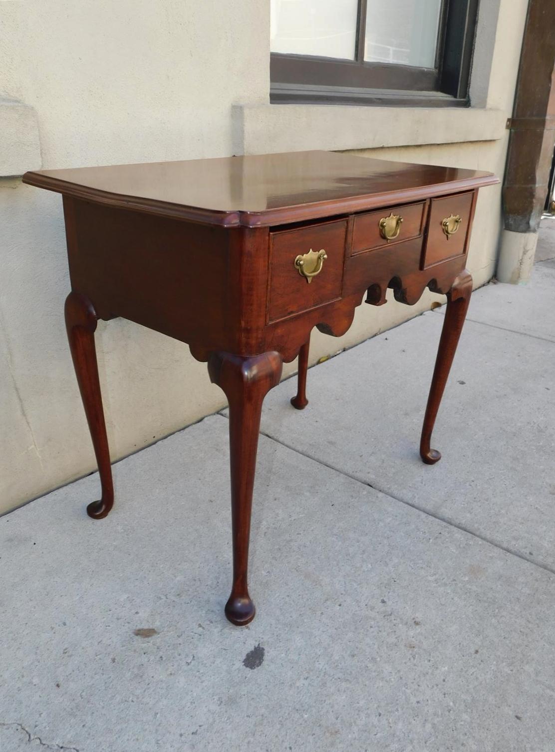 Mid-18th Century English Queen Anne Walnut Lowboy with Original Brasses & Pad Feet, Circa 1740 For Sale