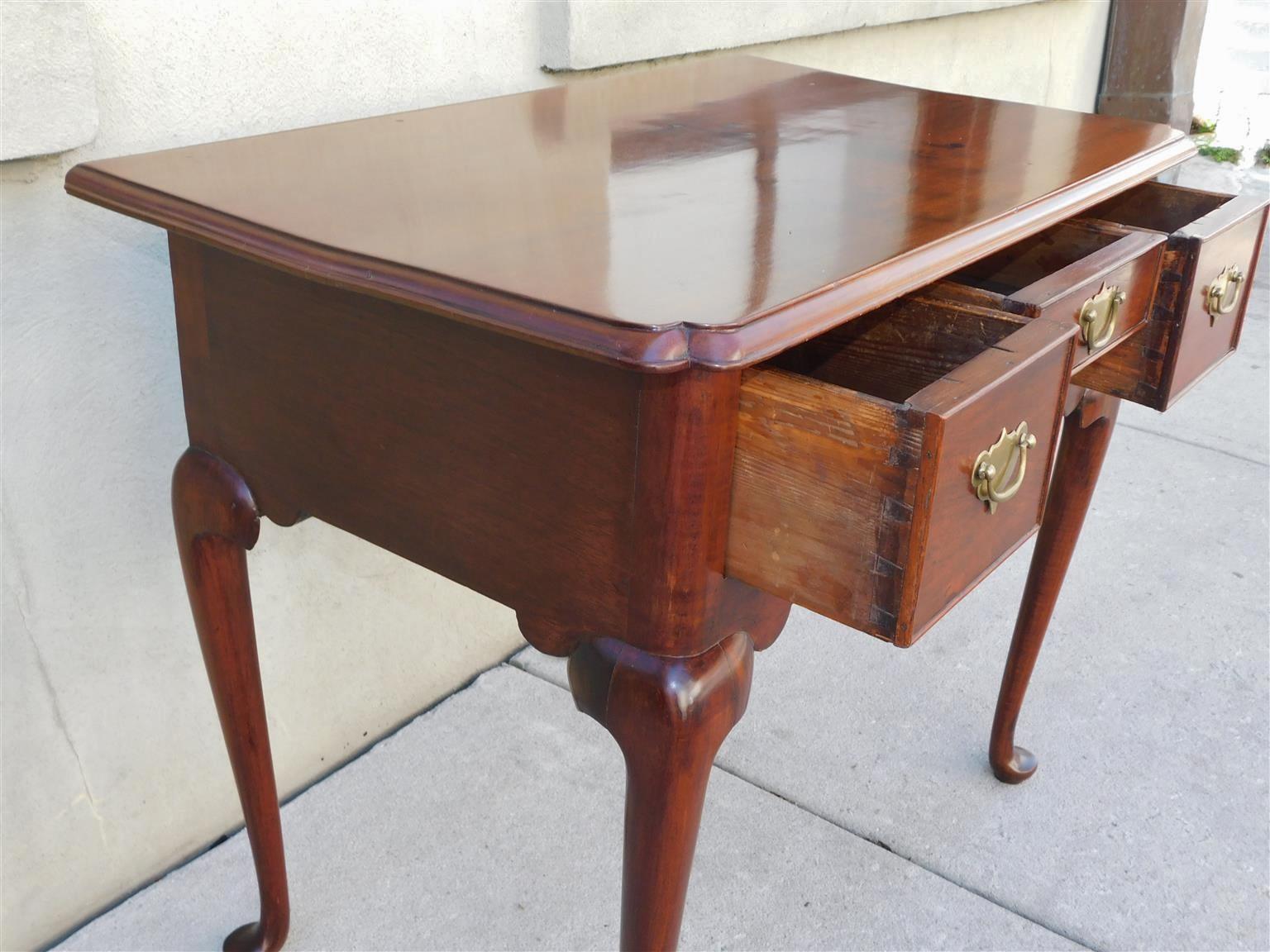 English Queen Anne Walnut Lowboy with Original Brasses & Pad Feet, Circa 1740 For Sale 2