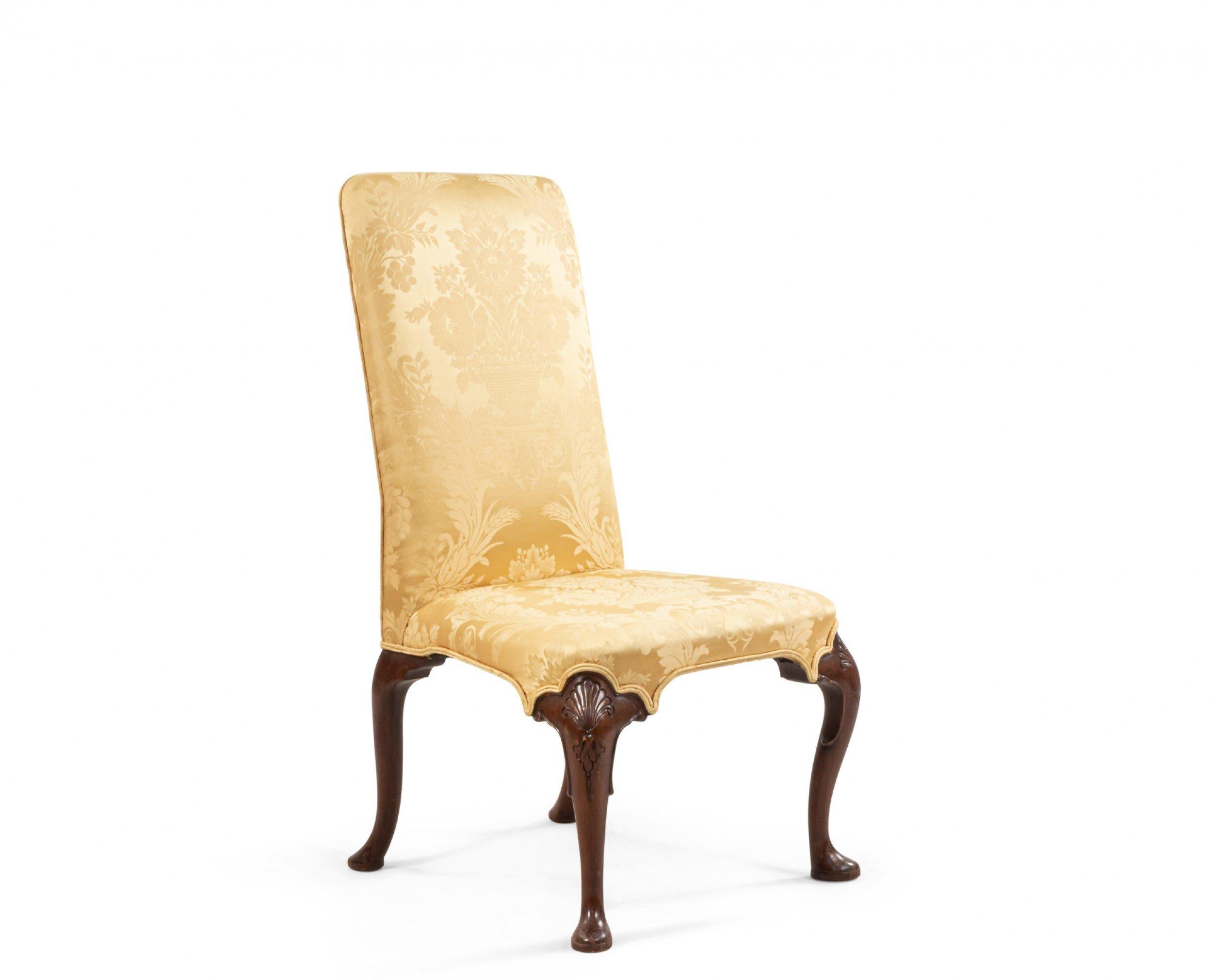 English Queen Anne Yellow Damask Upholstered Side Chairs In Good Condition In New York, NY