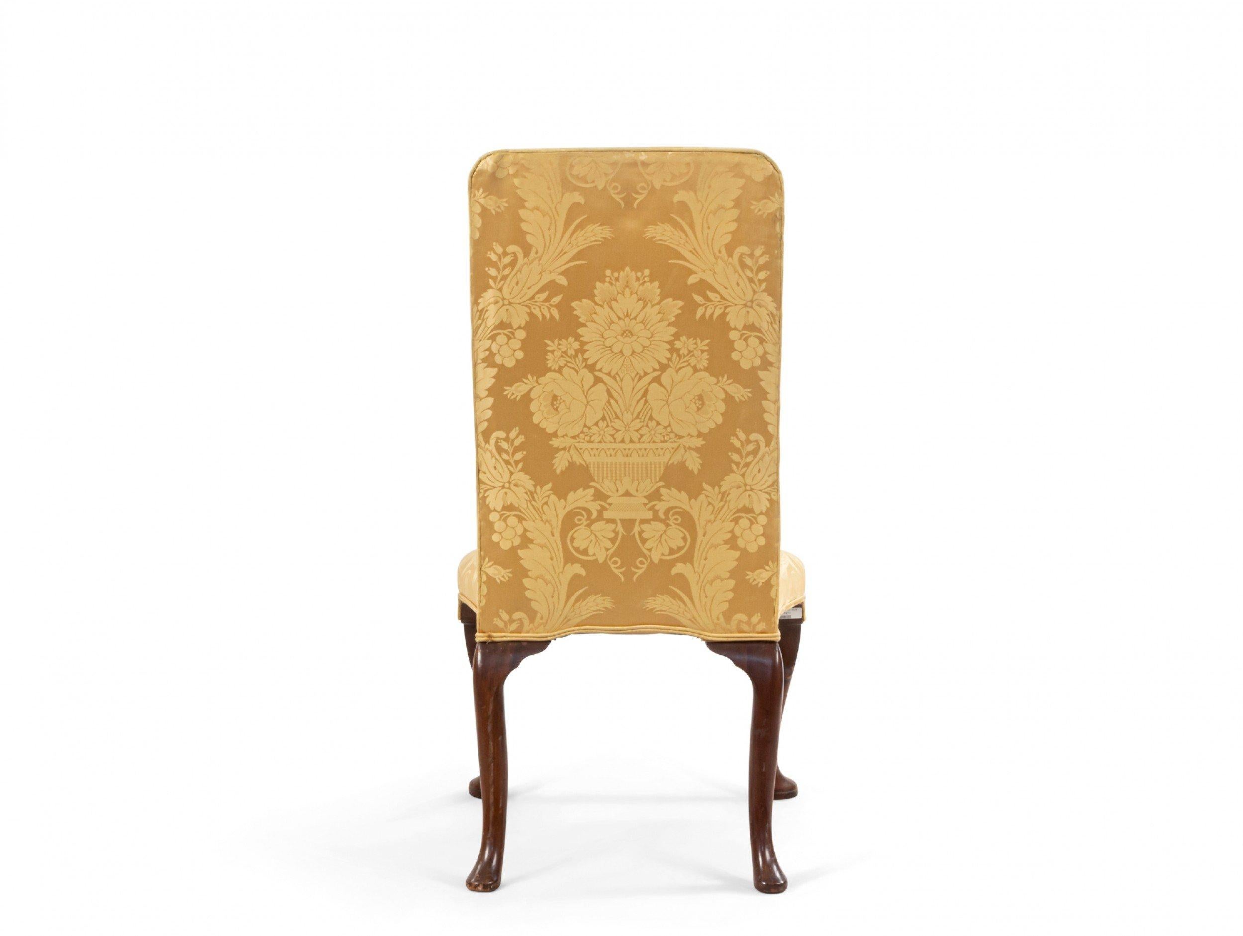 English Queen Anne Yellow Damask Upholstered Side Chairs 1