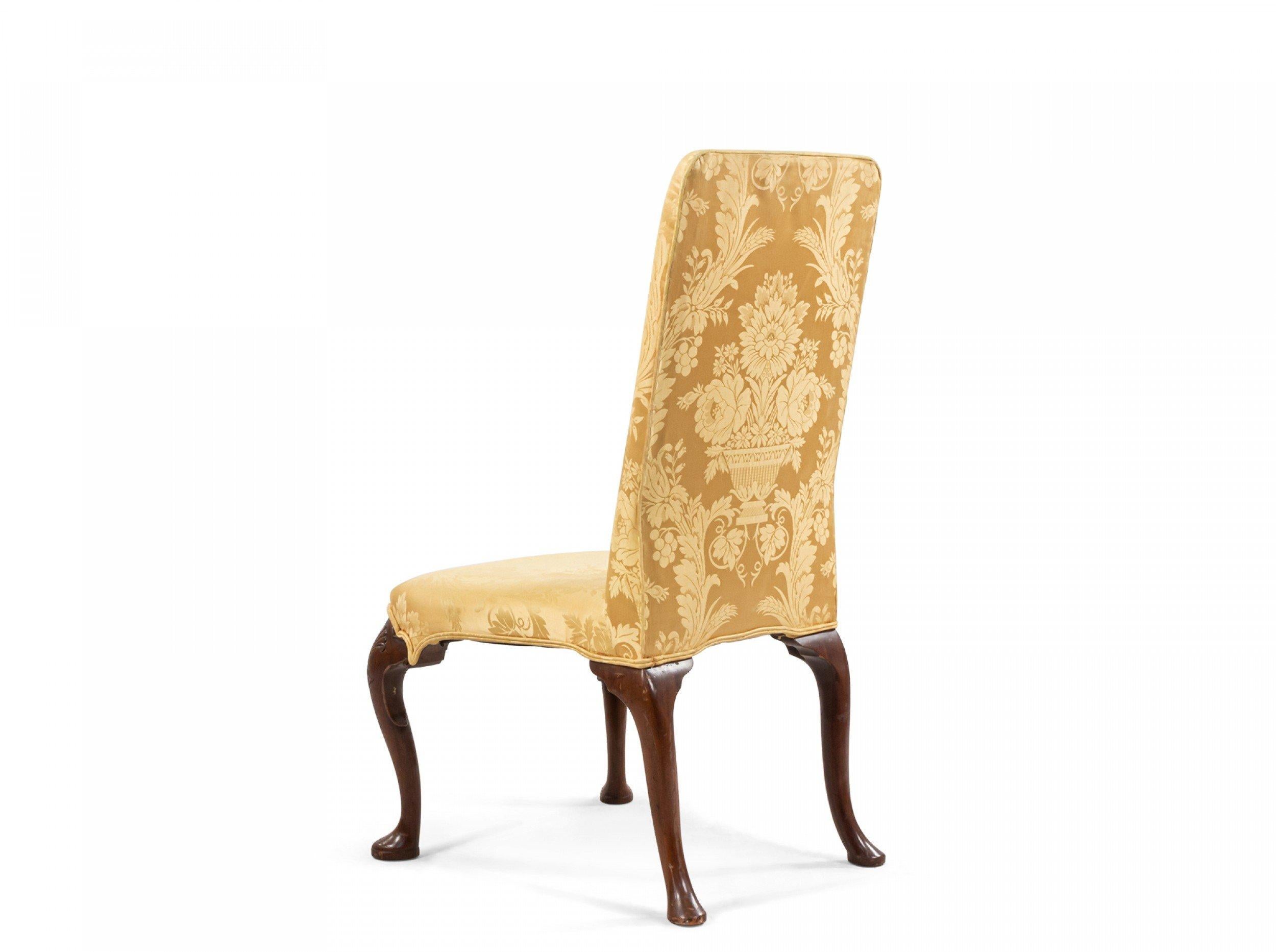 English Queen Anne Yellow Damask Upholstered Side Chairs 2