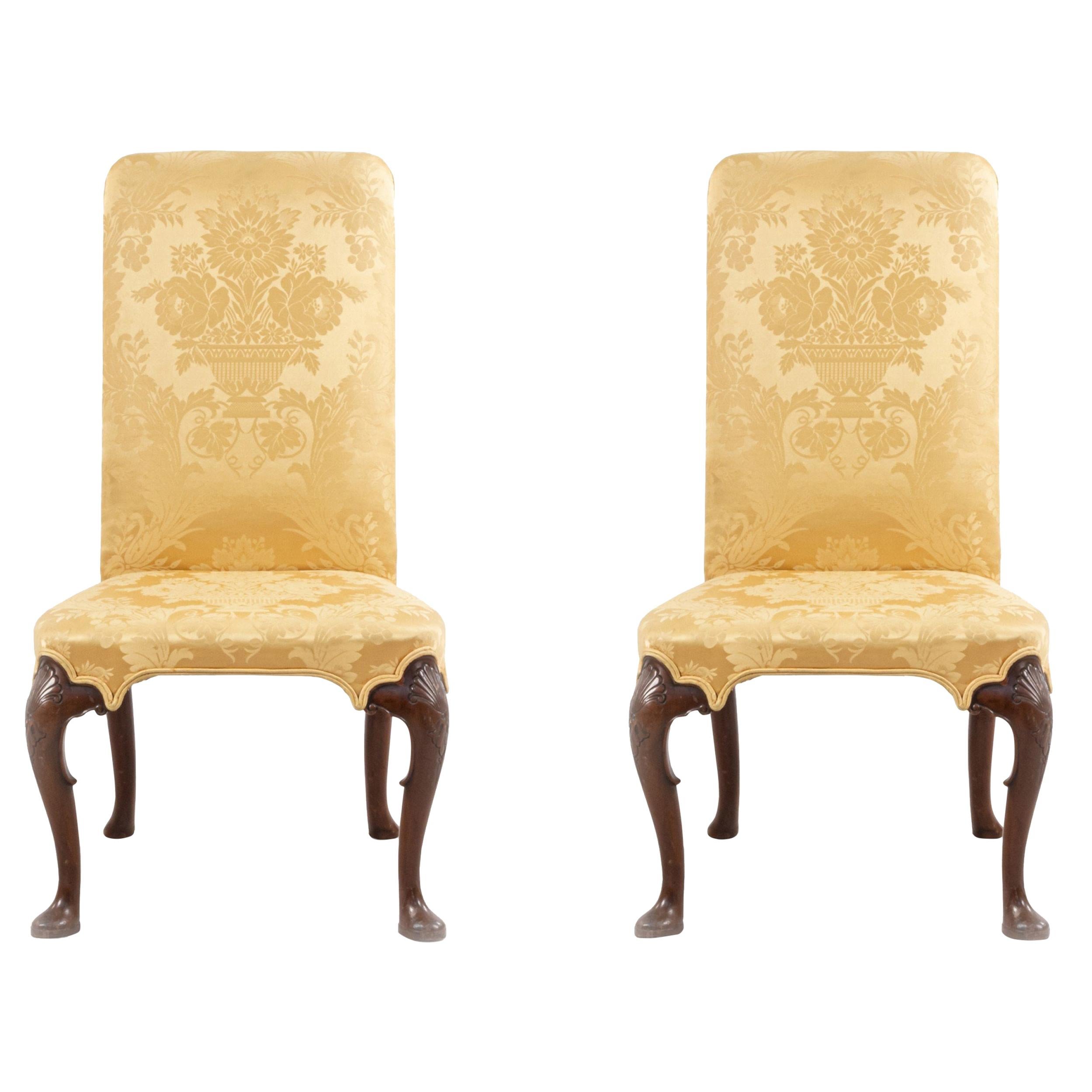 English Queen Anne Yellow Damask Upholstered Side Chairs